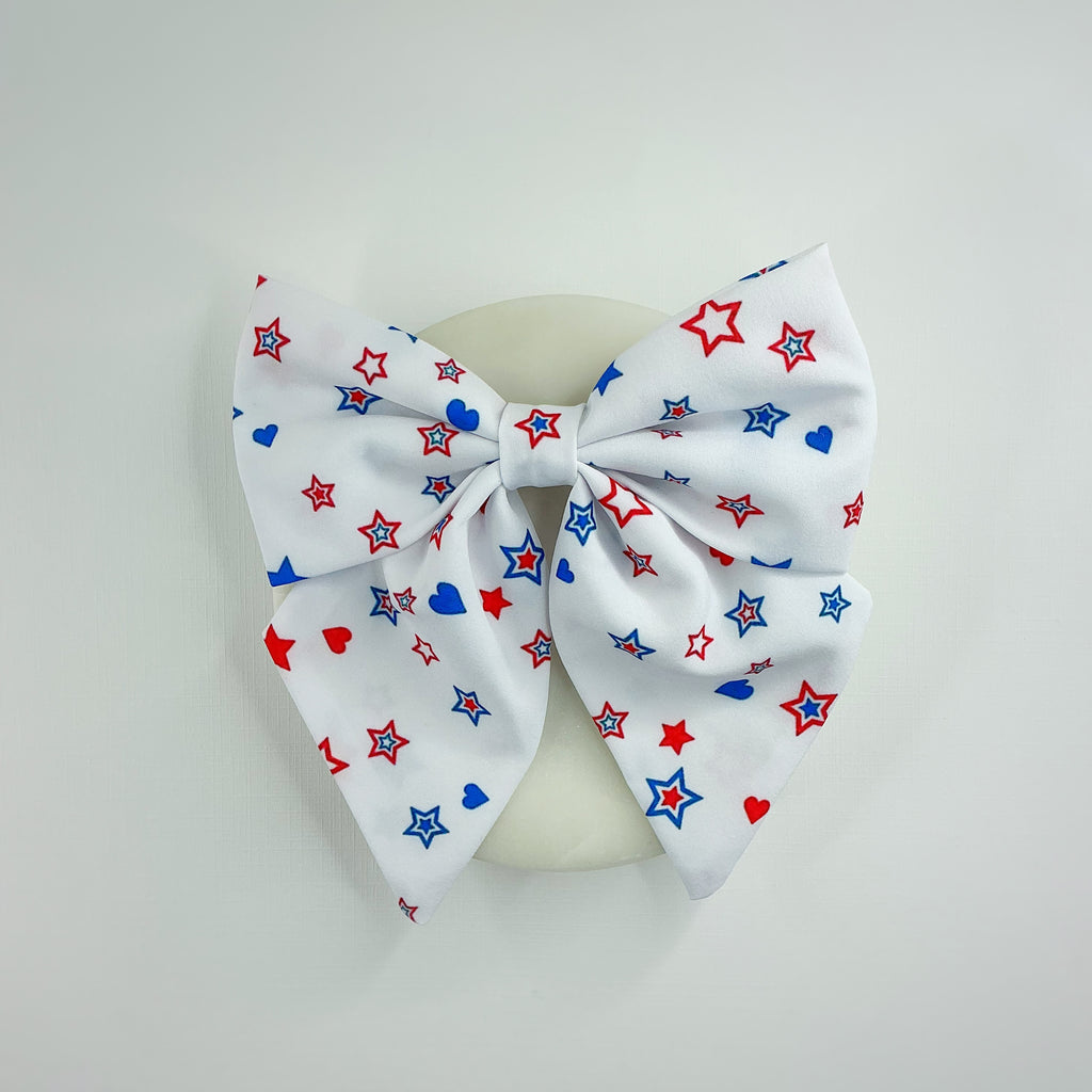 White Patriotic Hearts and Stars Bow Strip, Headband and Scrunchie Collection