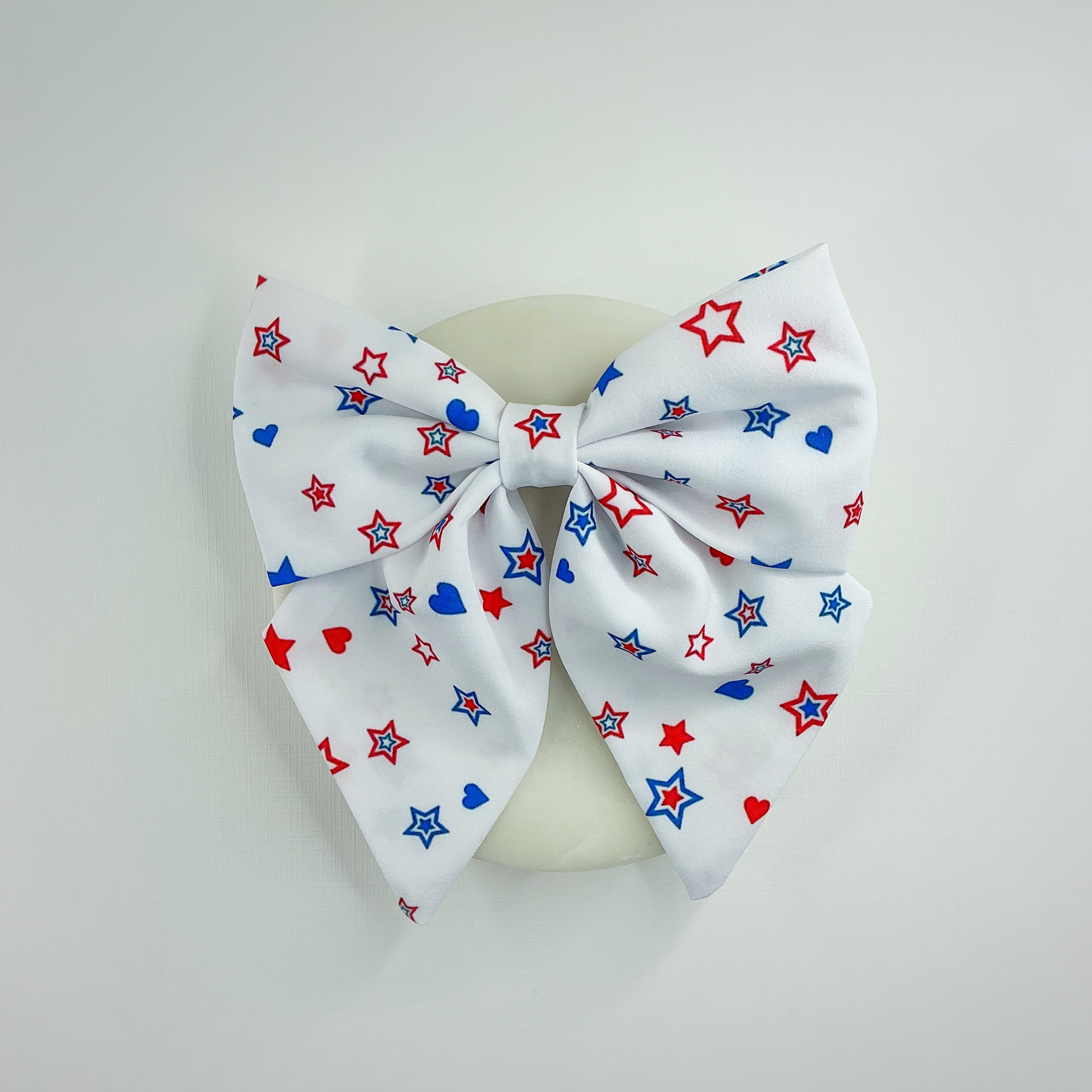White Patriotic Hearts and Stars Bow Strip, Headband and Scrunchie Collection