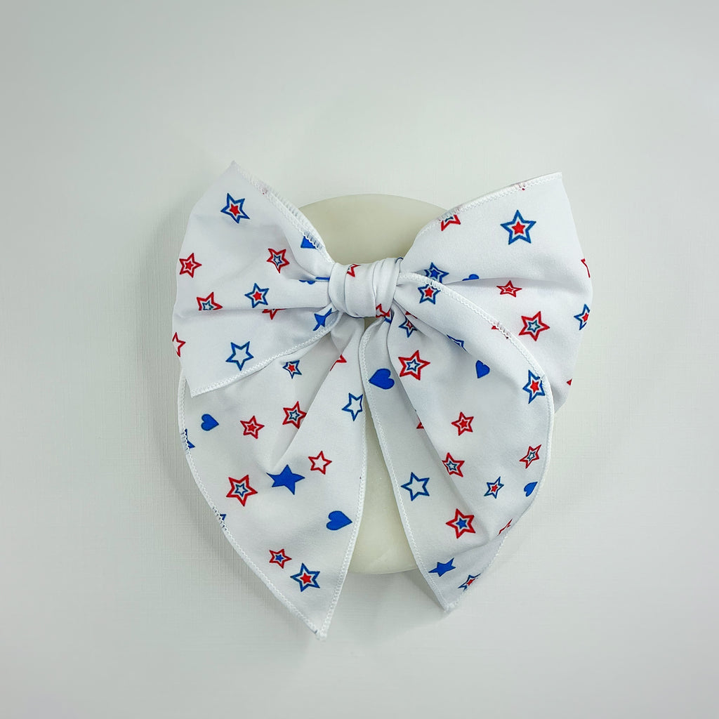 White Patriotic Hearts and Stars Bow Strip, Headband and Scrunchie Collection