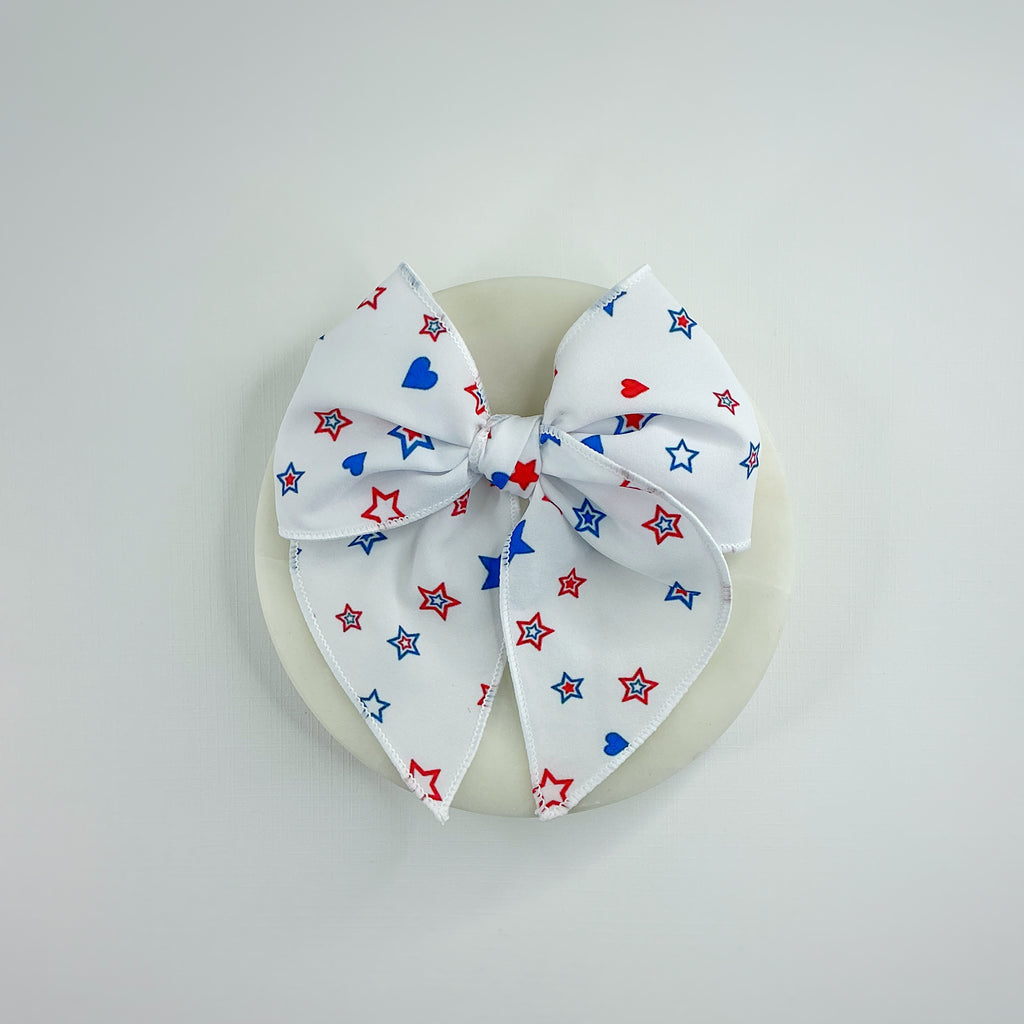 White Patriotic Hearts and Stars Bow Strip, Headband and Scrunchie Collection