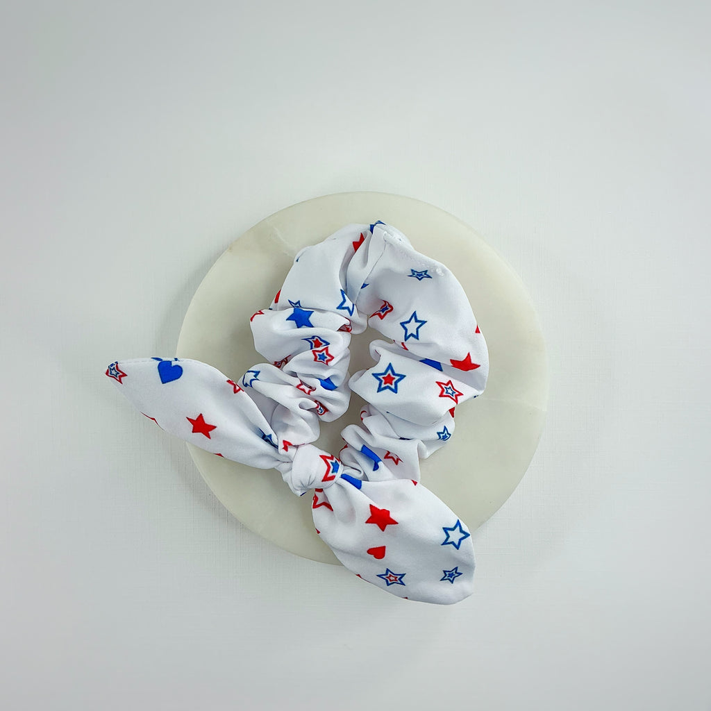 White Patriotic Hearts and Stars Bow Strip, Headband and Scrunchie Collection