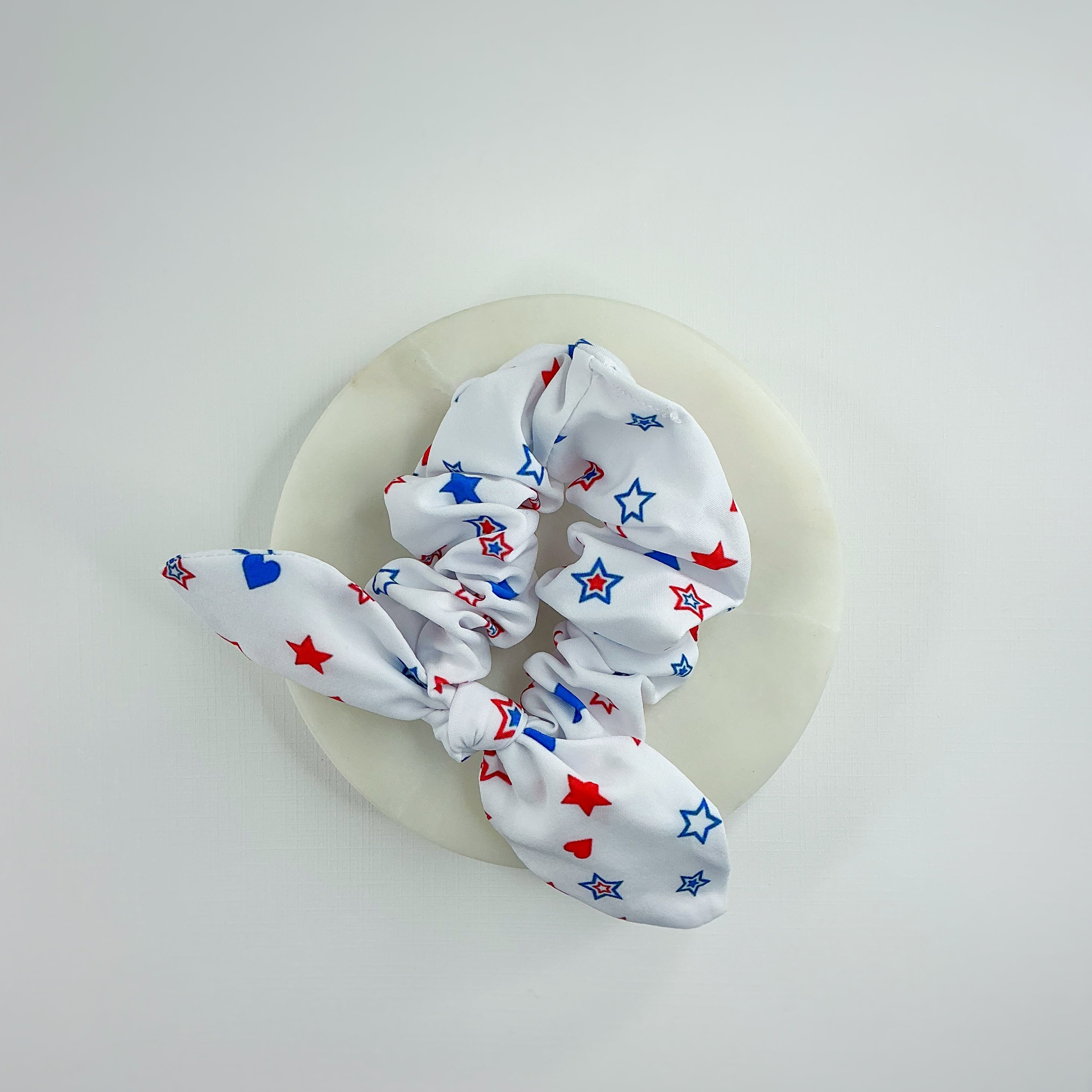 White Patriotic Hearts and Stars Bow Strip, Headband and Scrunchie Collection