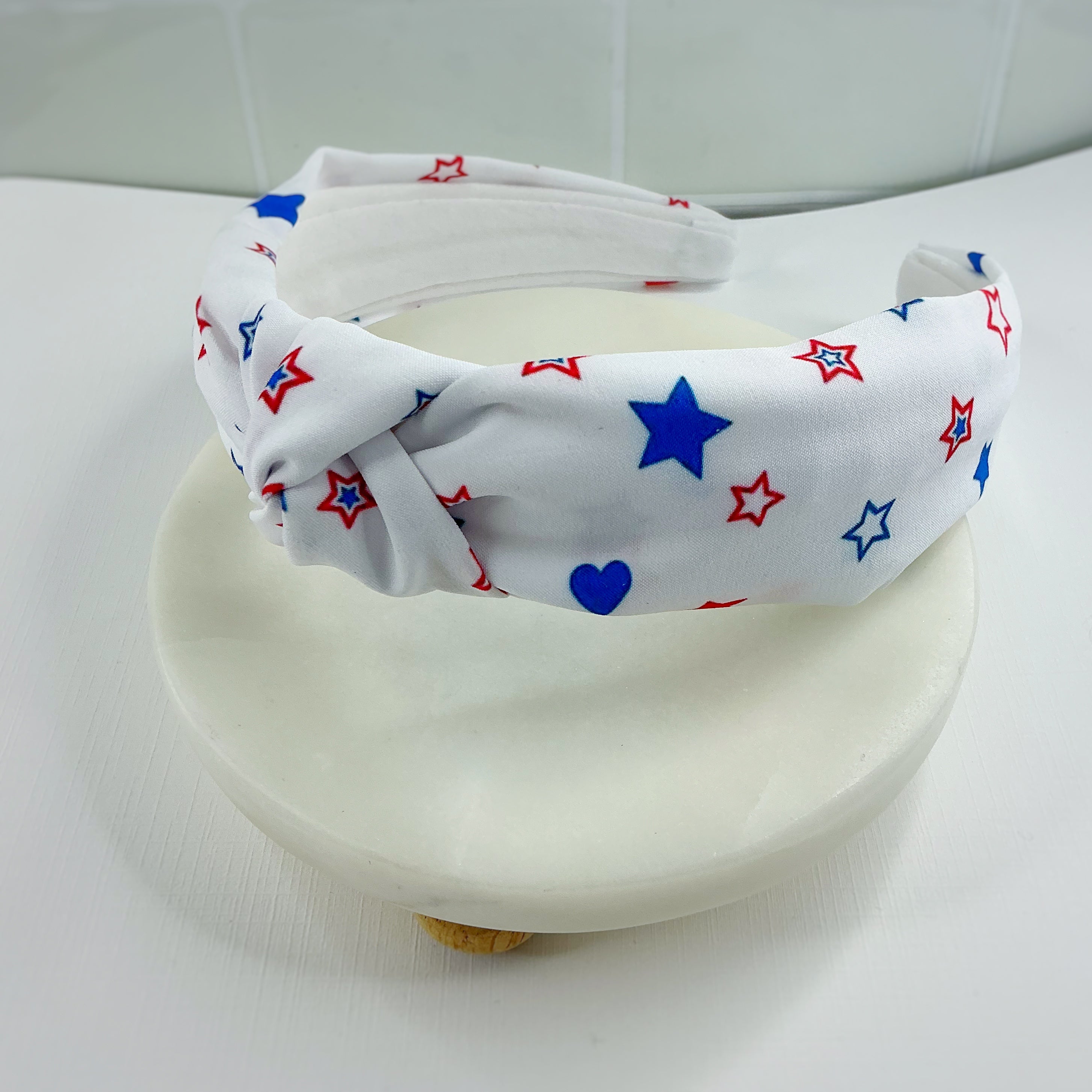 White Patriotic Hearts and Stars Bow Strip, Headband and Scrunchie Collection