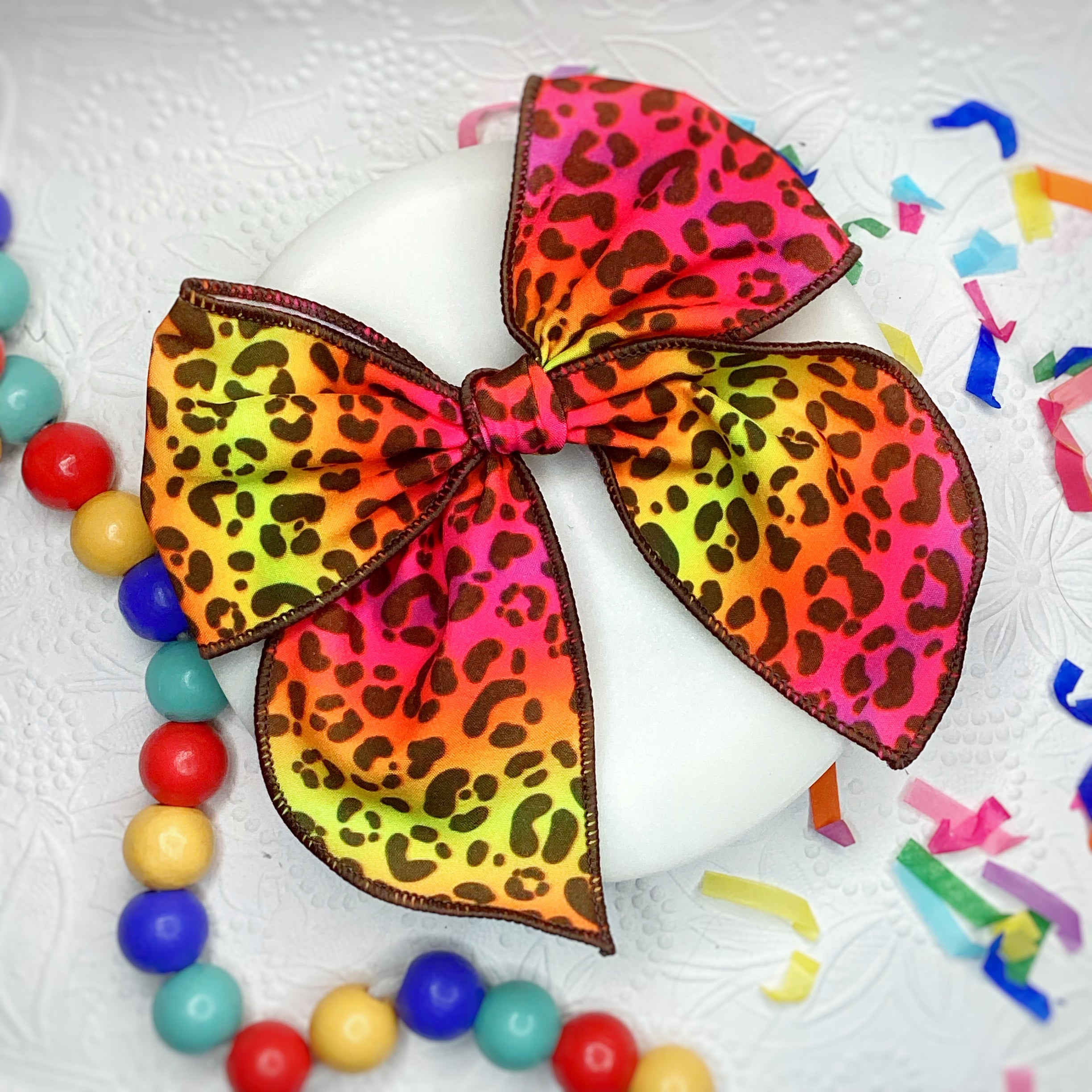 Pink/Yellow Leopard Bow Strip, Headband and Scrunchie Collection