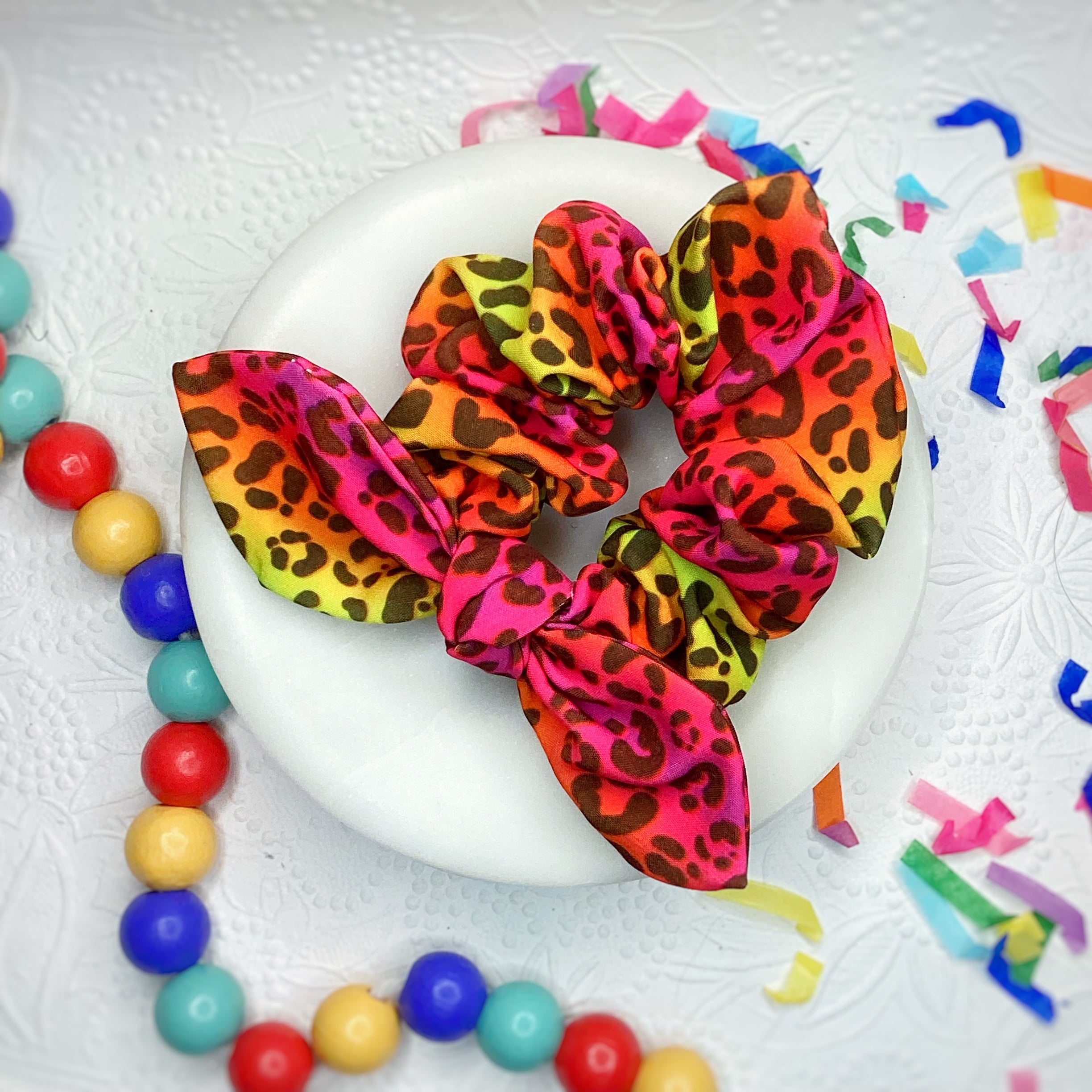 Pink/Yellow Leopard Bow Strip, Headband and Scrunchie Collection