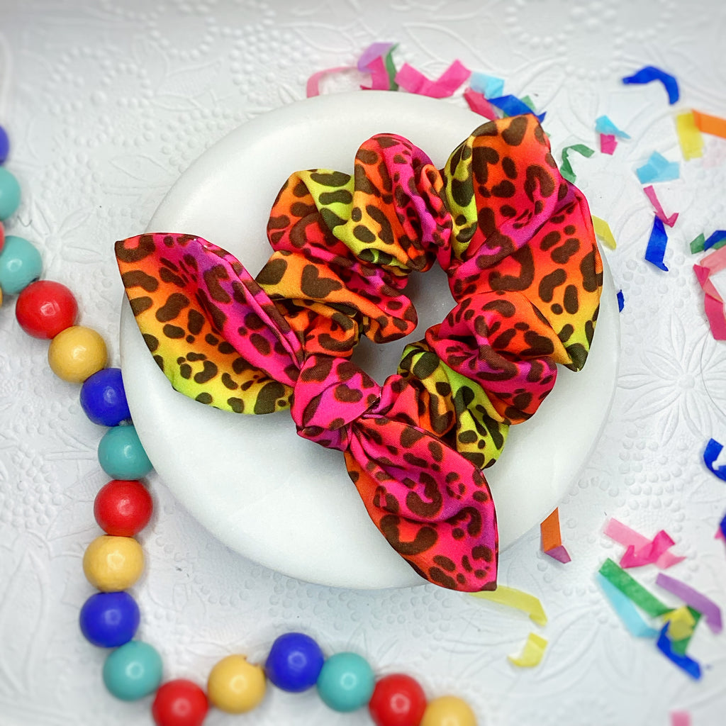 Pink/Yellow Leopard Quinn Scrunchie, Bow and Headband Collection