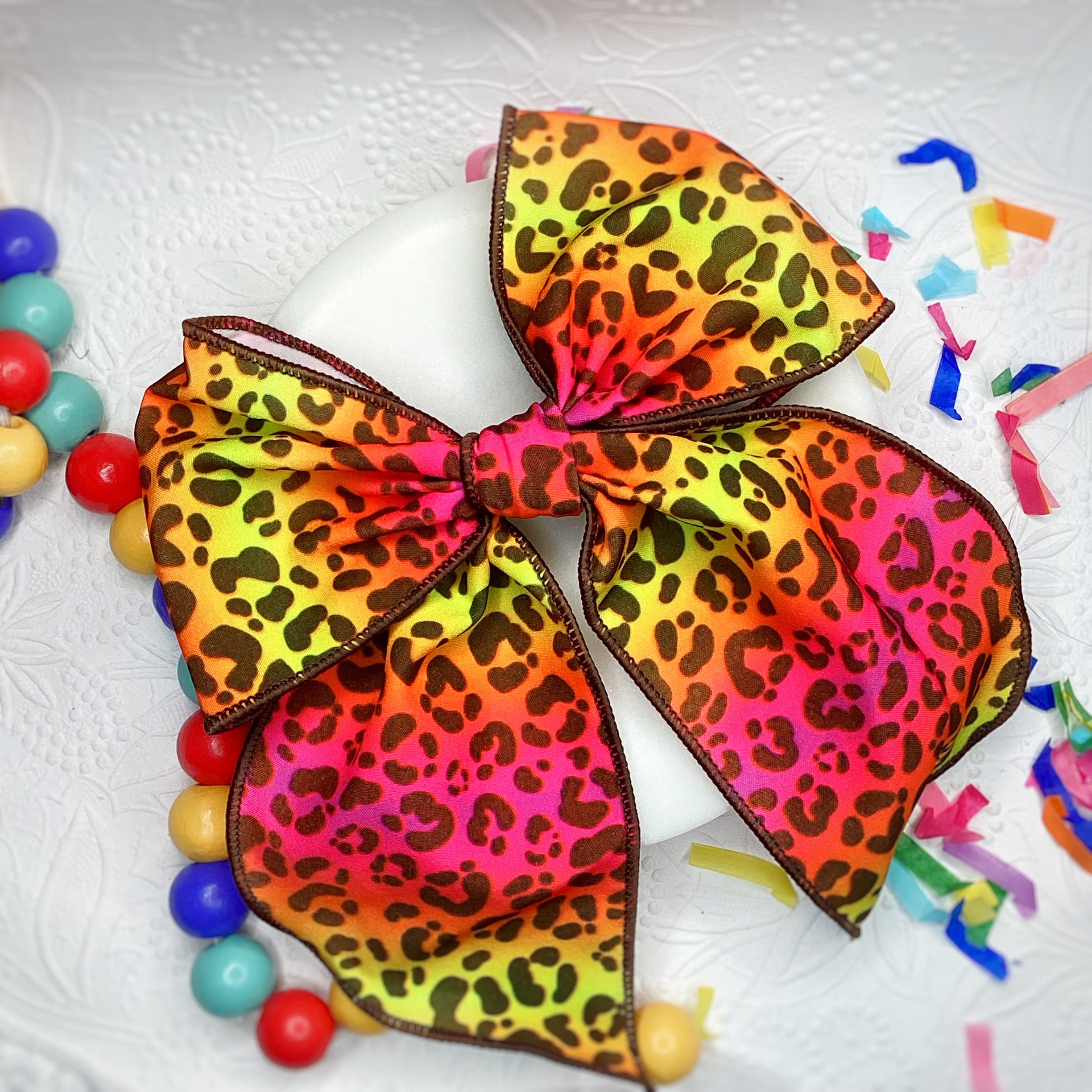 Pink/Yellow Leopard Bow Strip, Headband and Scrunchie Collection