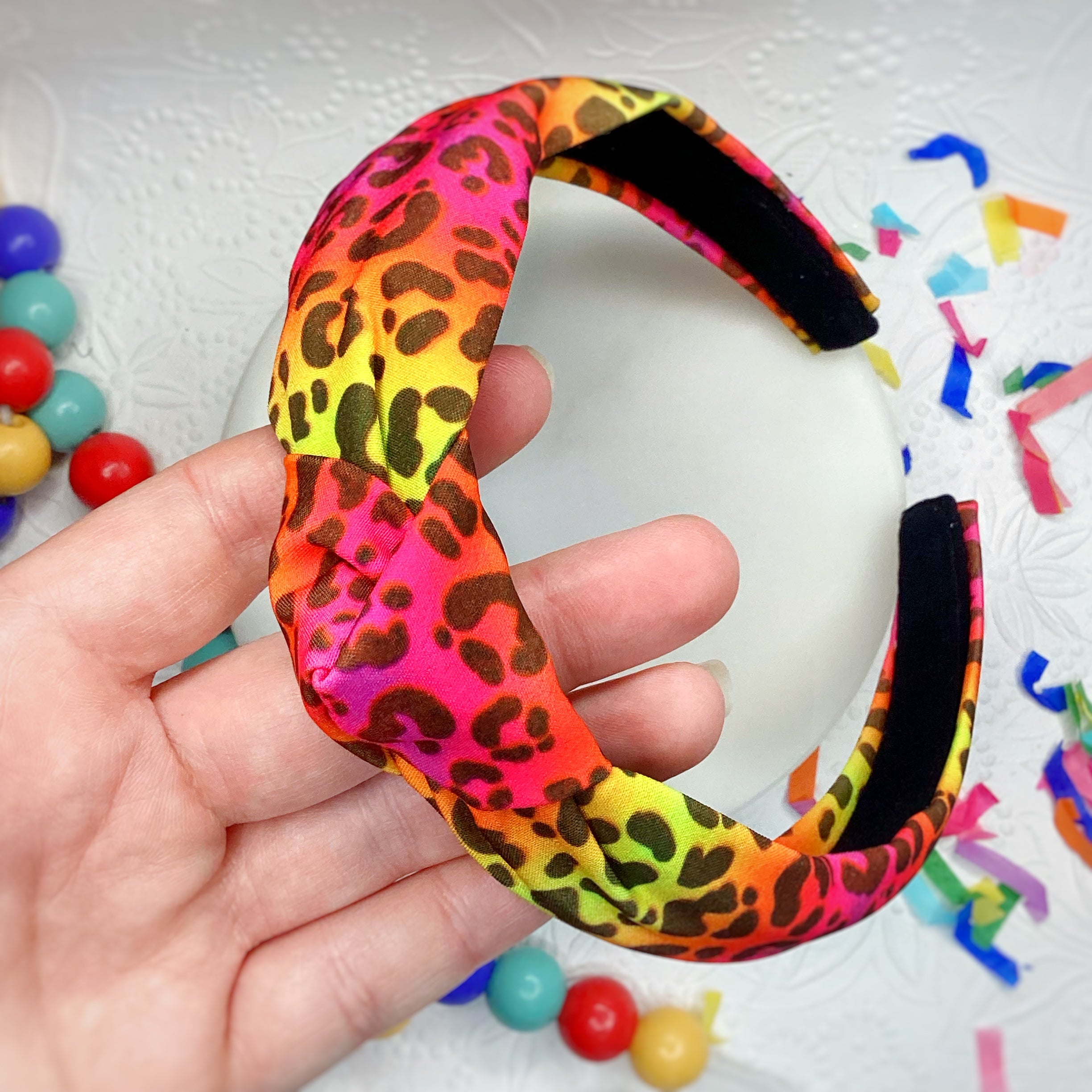 Pink/Yellow Leopard Bow Strip, Headband and Scrunchie Collection