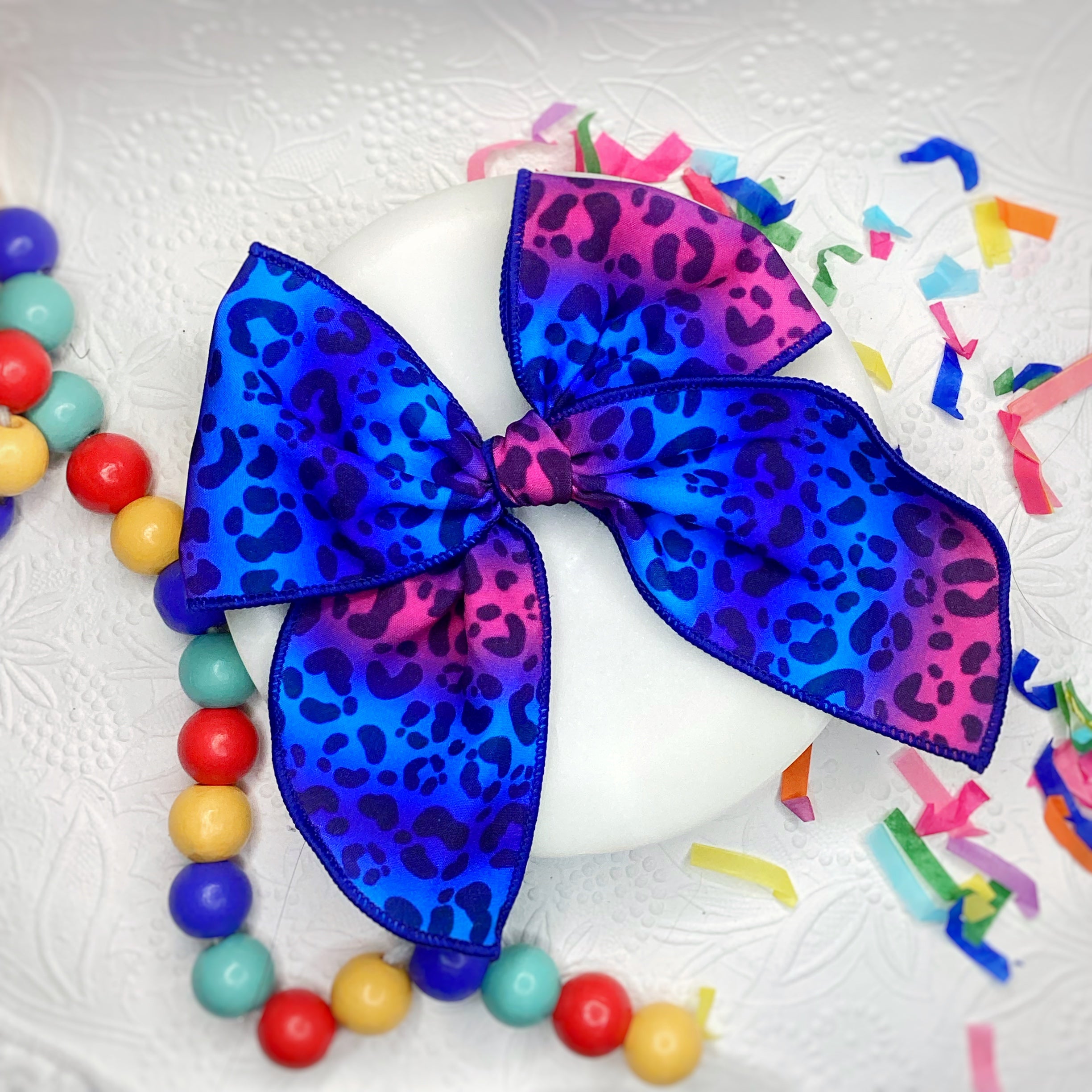 Blues/Purples Leopard Bow Strip, Headband and Scrunchie Collection