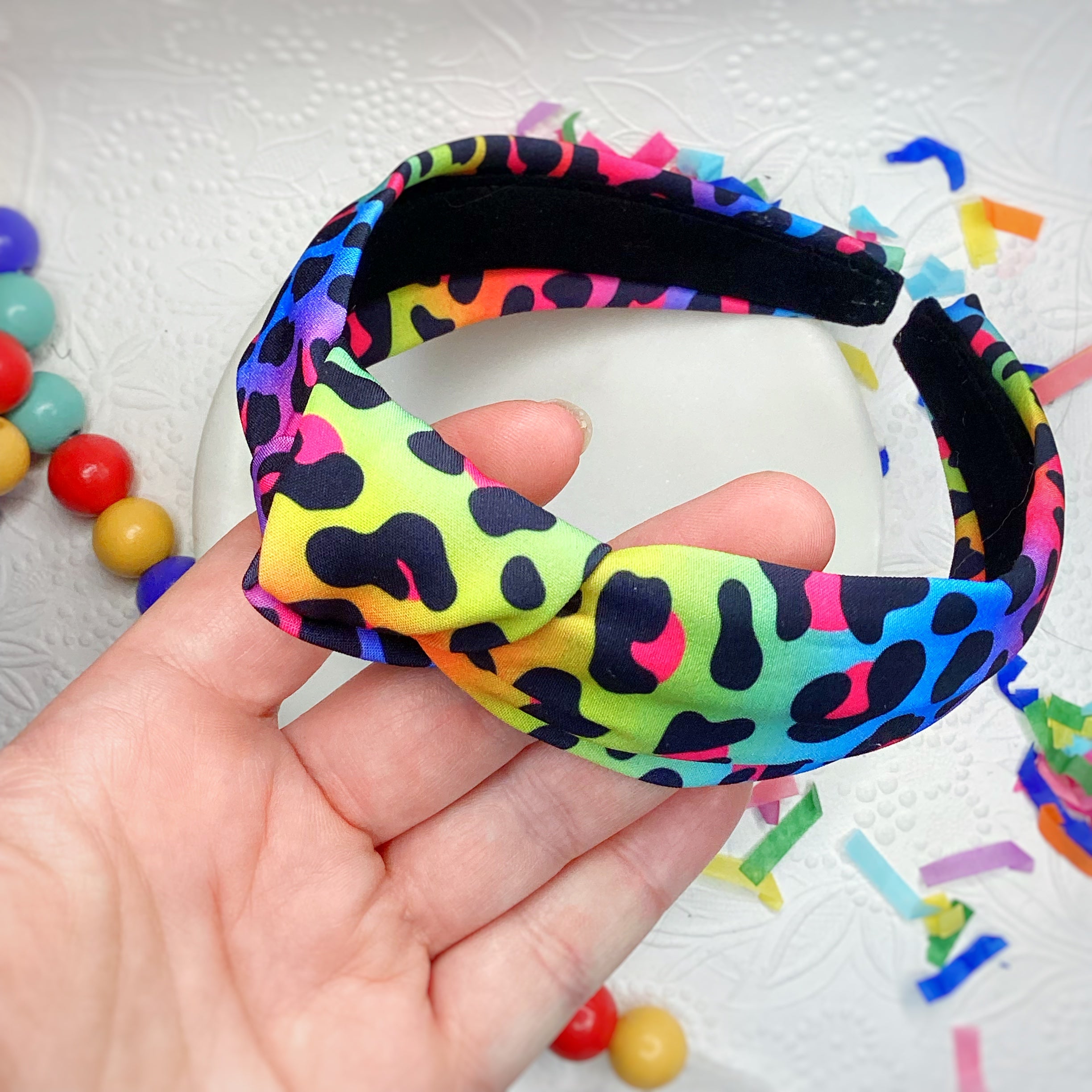 Rainbow Leopard Bow Strip, Headband and Scrunchie Collection