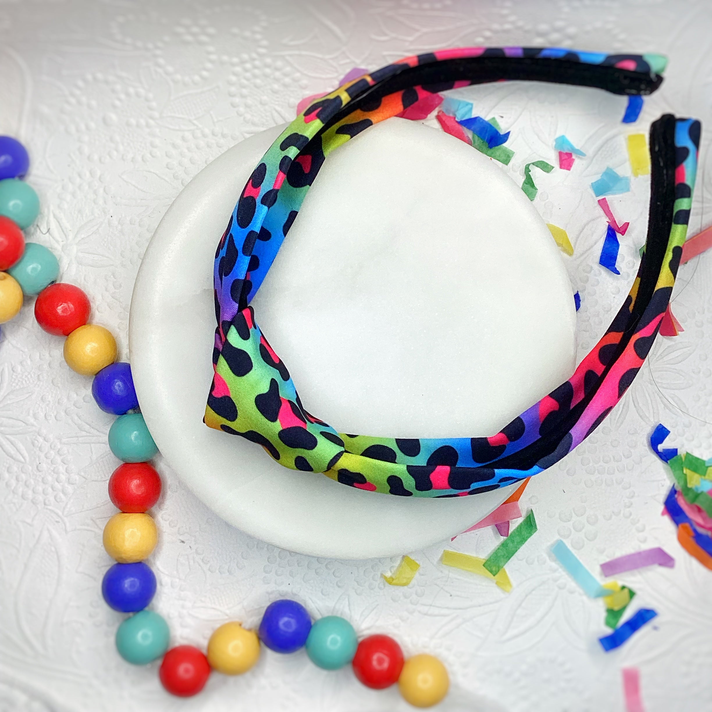 Rainbow Leopard Bow Strip, Headband and Scrunchie Collection