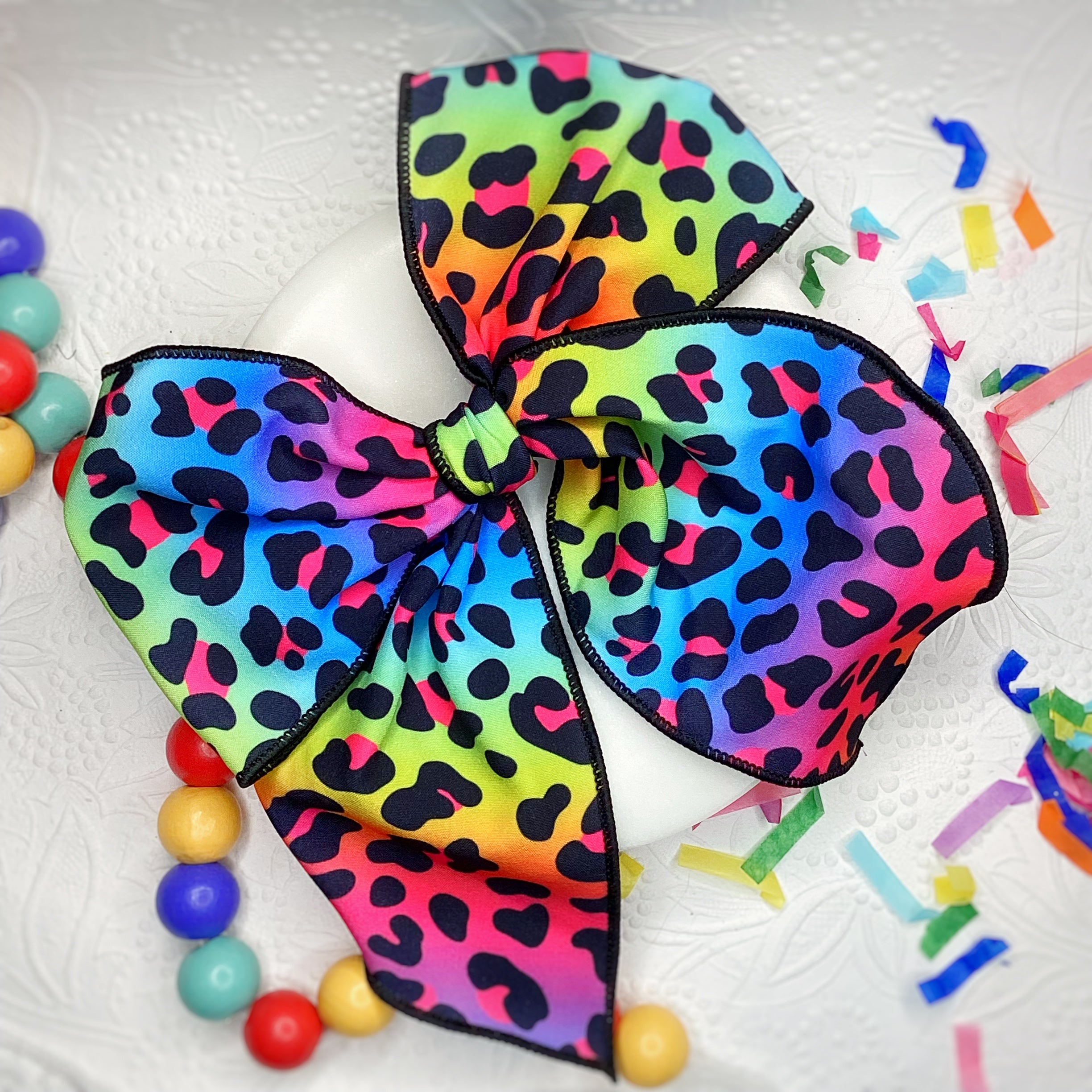 Rainbow Leopard Bow Strip, Headband and Scrunchie Collection