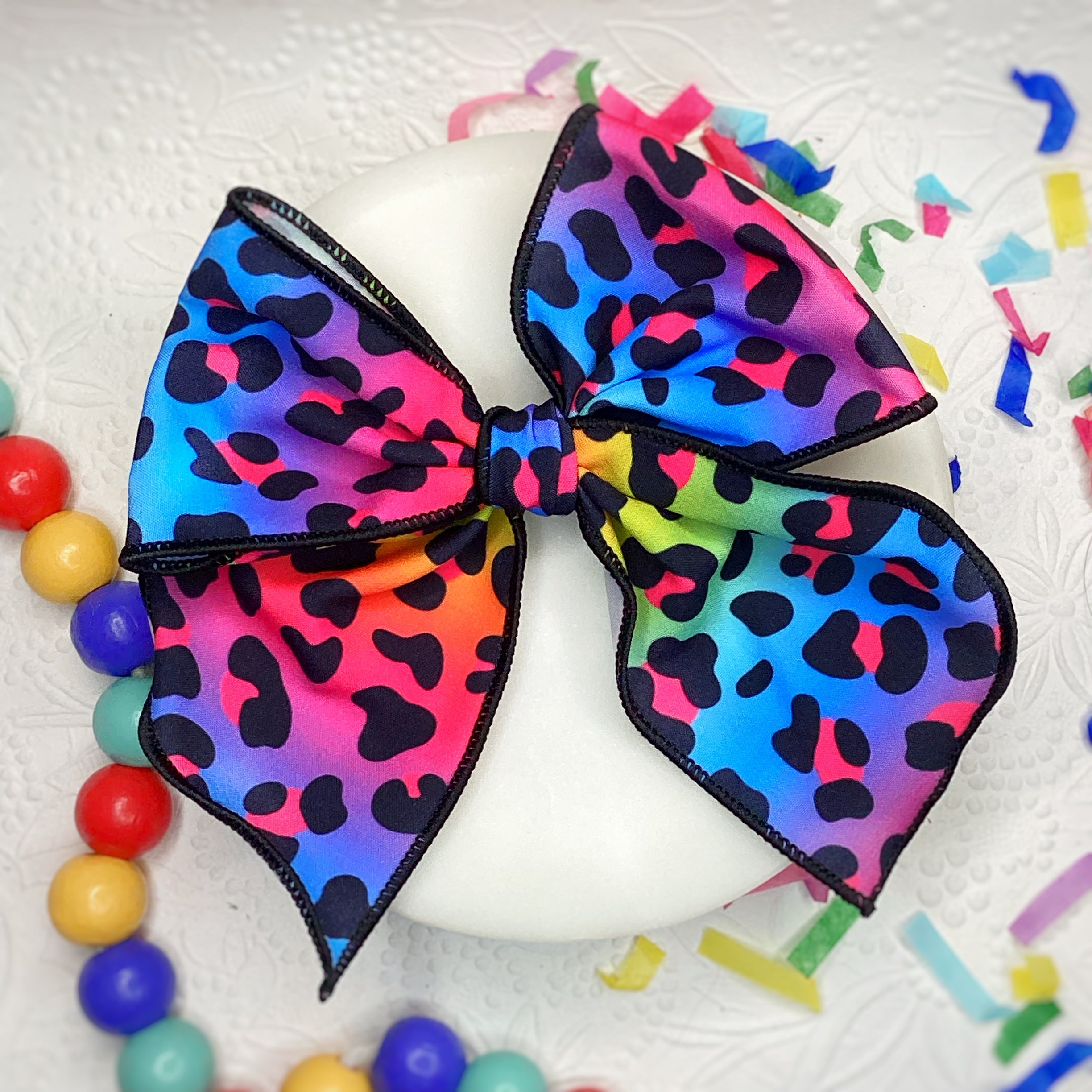 Rainbow Leopard Bow Strip, Headband and Scrunchie Collection