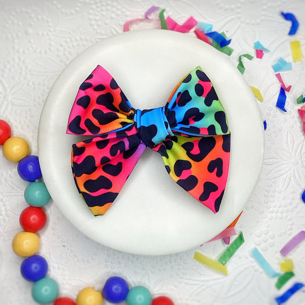 Rainbow Leopard Bow Strip, Headband and Scrunchie Collection