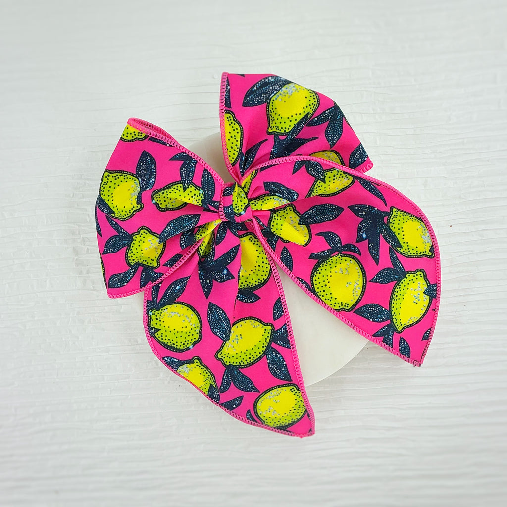 Hot Pink and Neon Lemons Pre-Tied Bow Strip and Scrunchie Collection