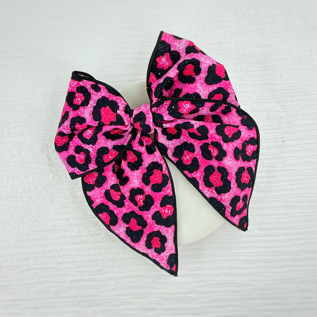 Pink Glitter-Look Leopard Pre-Tied Bow Strip and Scrunchie Collection