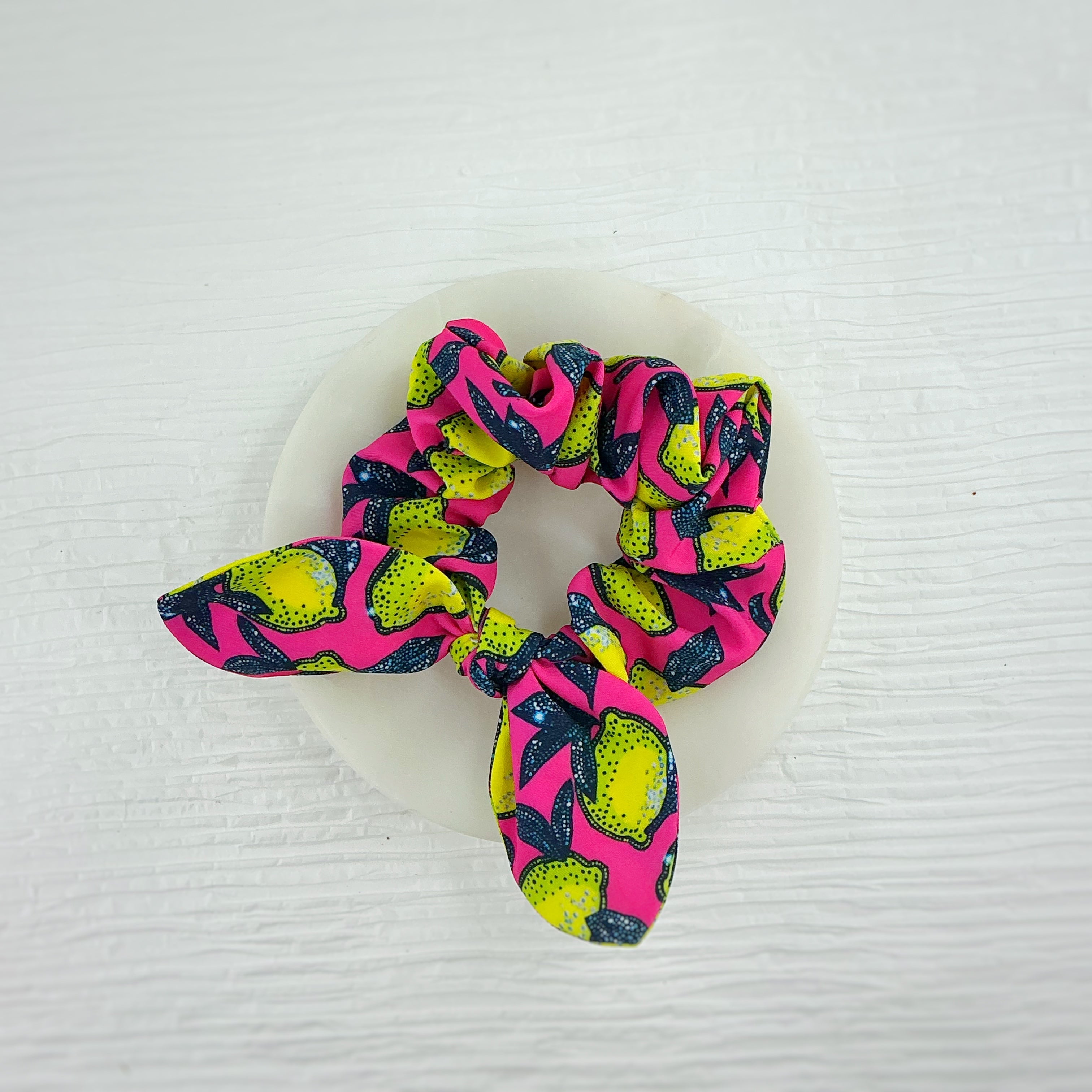 Hot Pink and Neon Lemons Pre-Tied Bow Strip and Scrunchie Collection