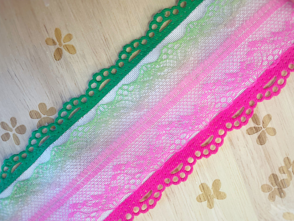 2.5” Pink and Green Burlap and Twill Scalloped Ribbon