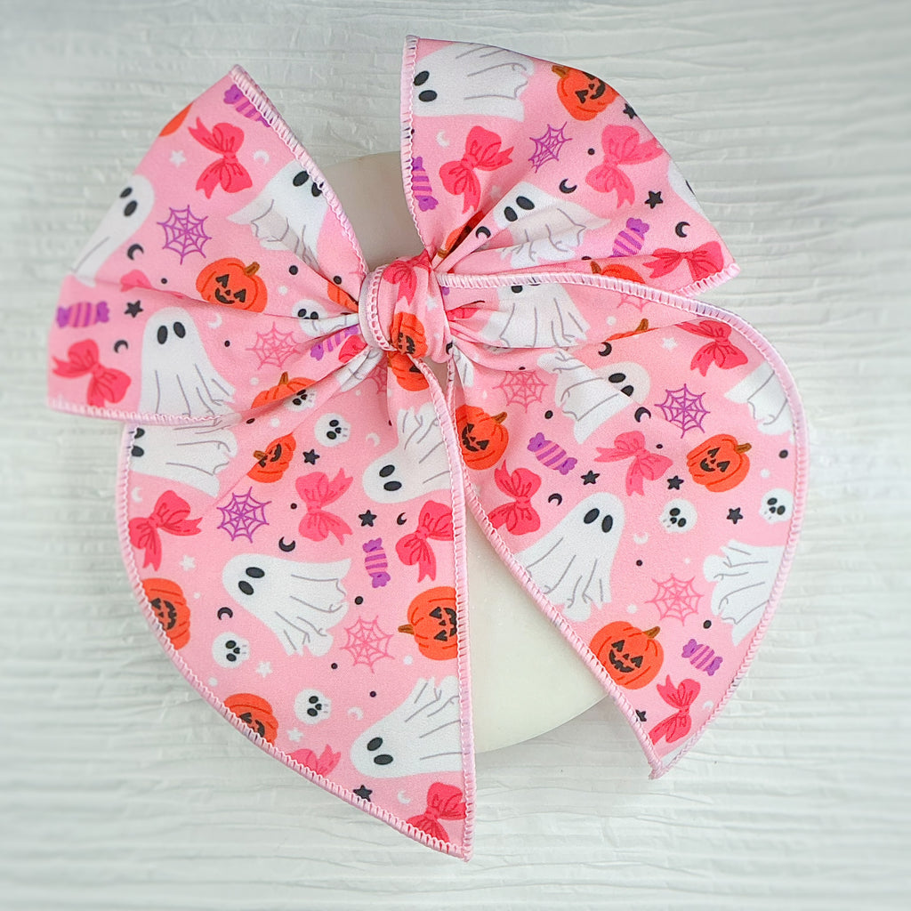 Pink Cute Ghosts and Pumpkins Pre-Tied Bow Strip and Scrunchie Collection