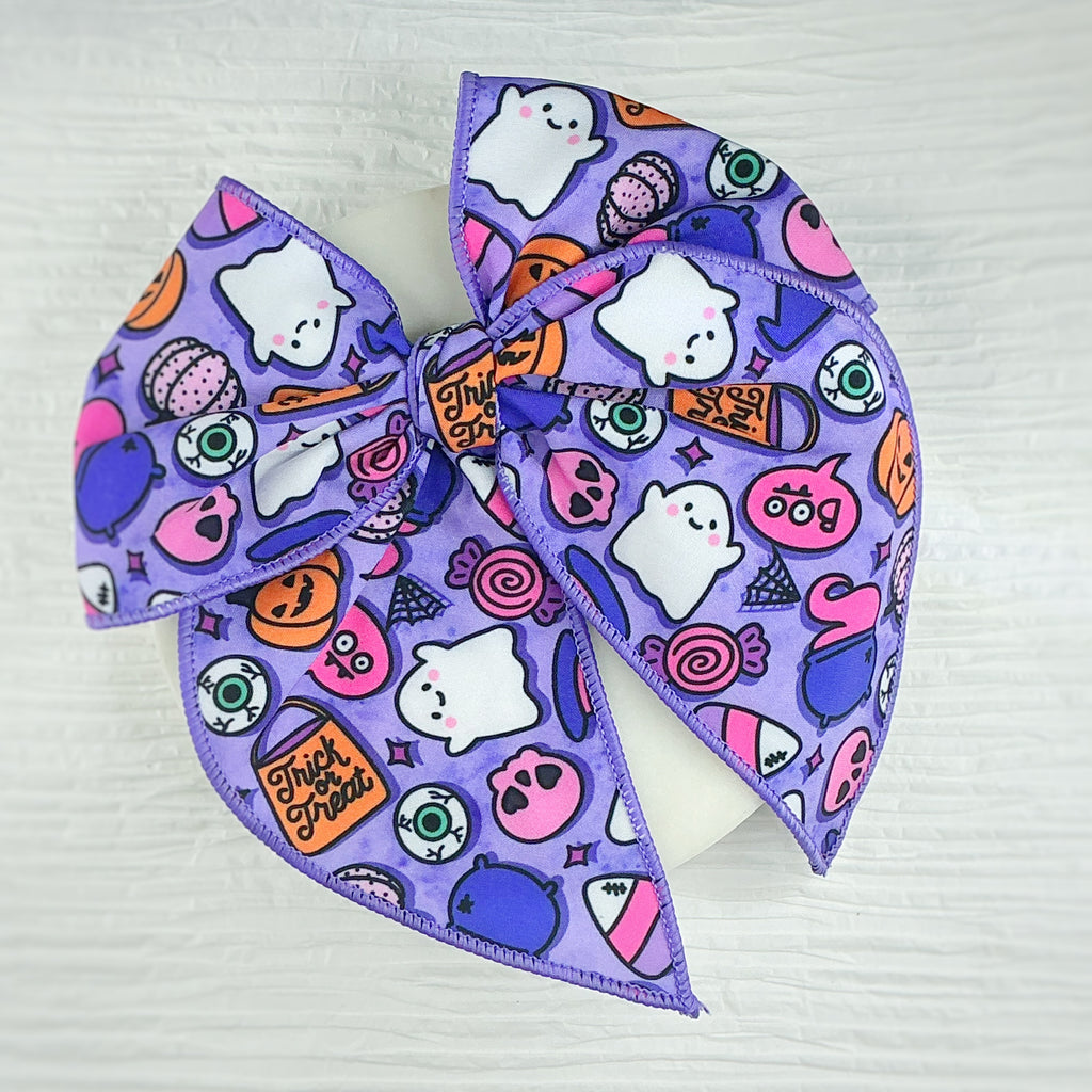 Purple Trick or Treat Pre-Tied Bow Strip and Scrunchie Collection