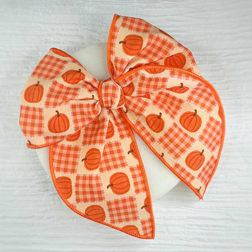 Gingham Pumpkin Quilt Pre-Tied Bow Strip and Scrunchie Collection
