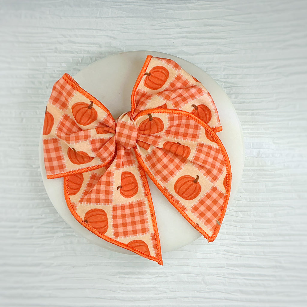 Gingham Pumpkin Quilt Pre-Tied Bow Strip and Scrunchie Collection
