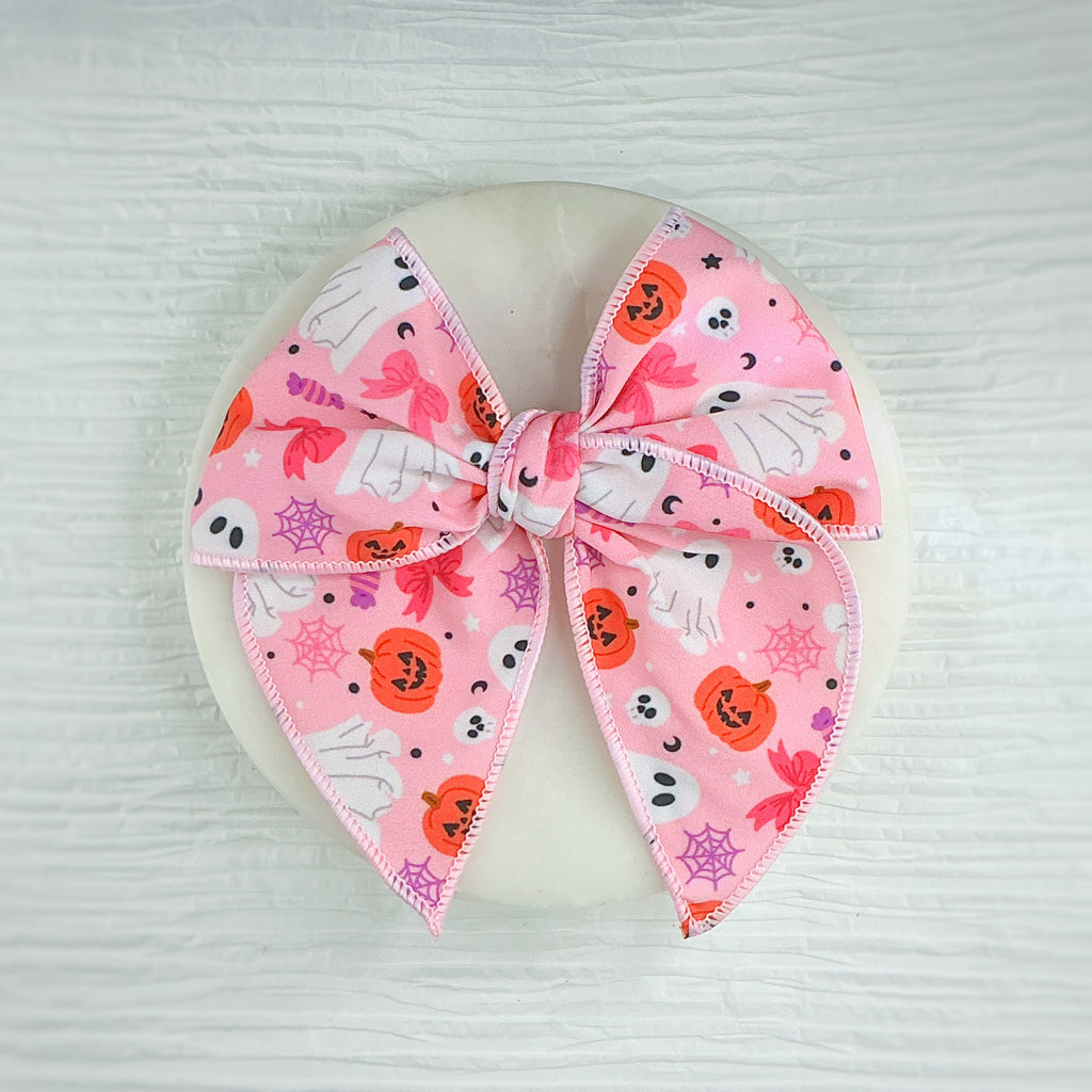 Pink Cute Ghosts and Pumpkins Pre-Tied Bow Strip and Scrunchie Collection