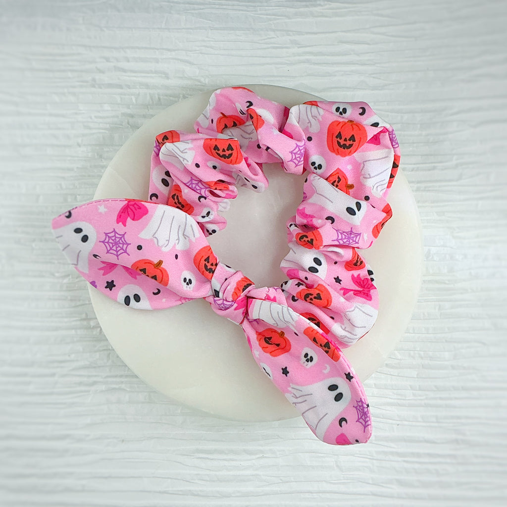 Pink Cute Ghosts and Pumpkins Pre-Tied Bow Strip and Scrunchie Collection