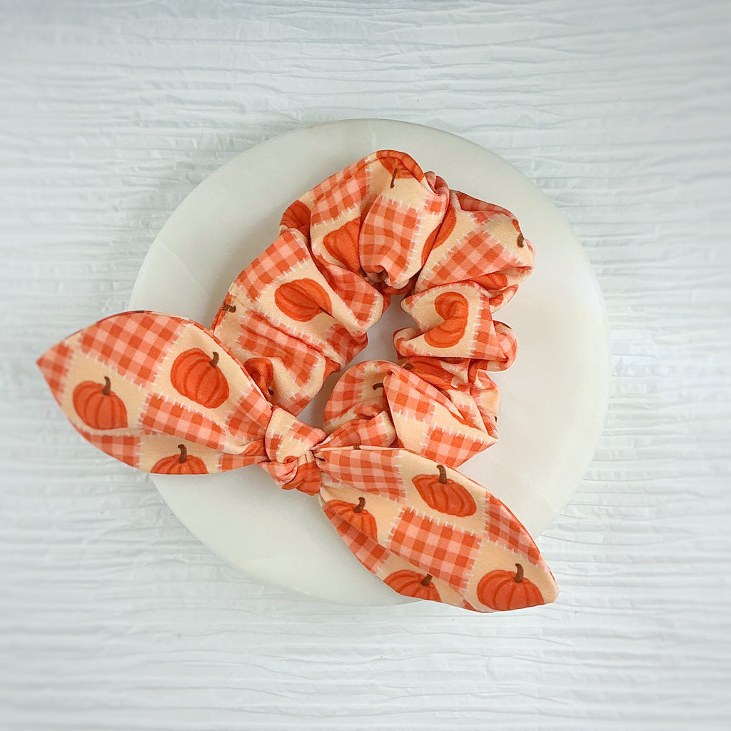 Gingham Pumpkin Quilt Pre-Tied Bow Strip and Scrunchie Collection