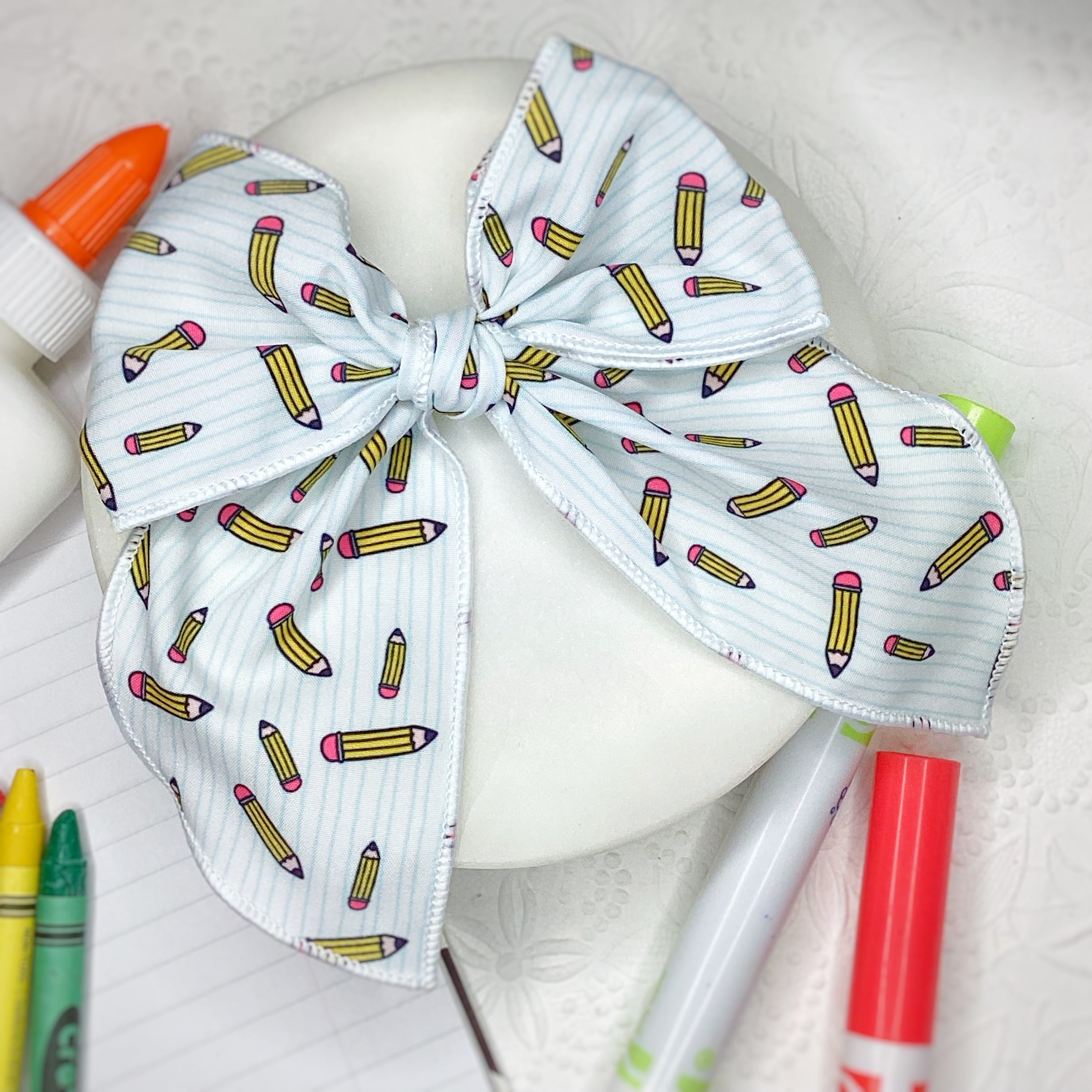 Pencils and Notebook Lines Bow Strip and Scrunchie Collection
