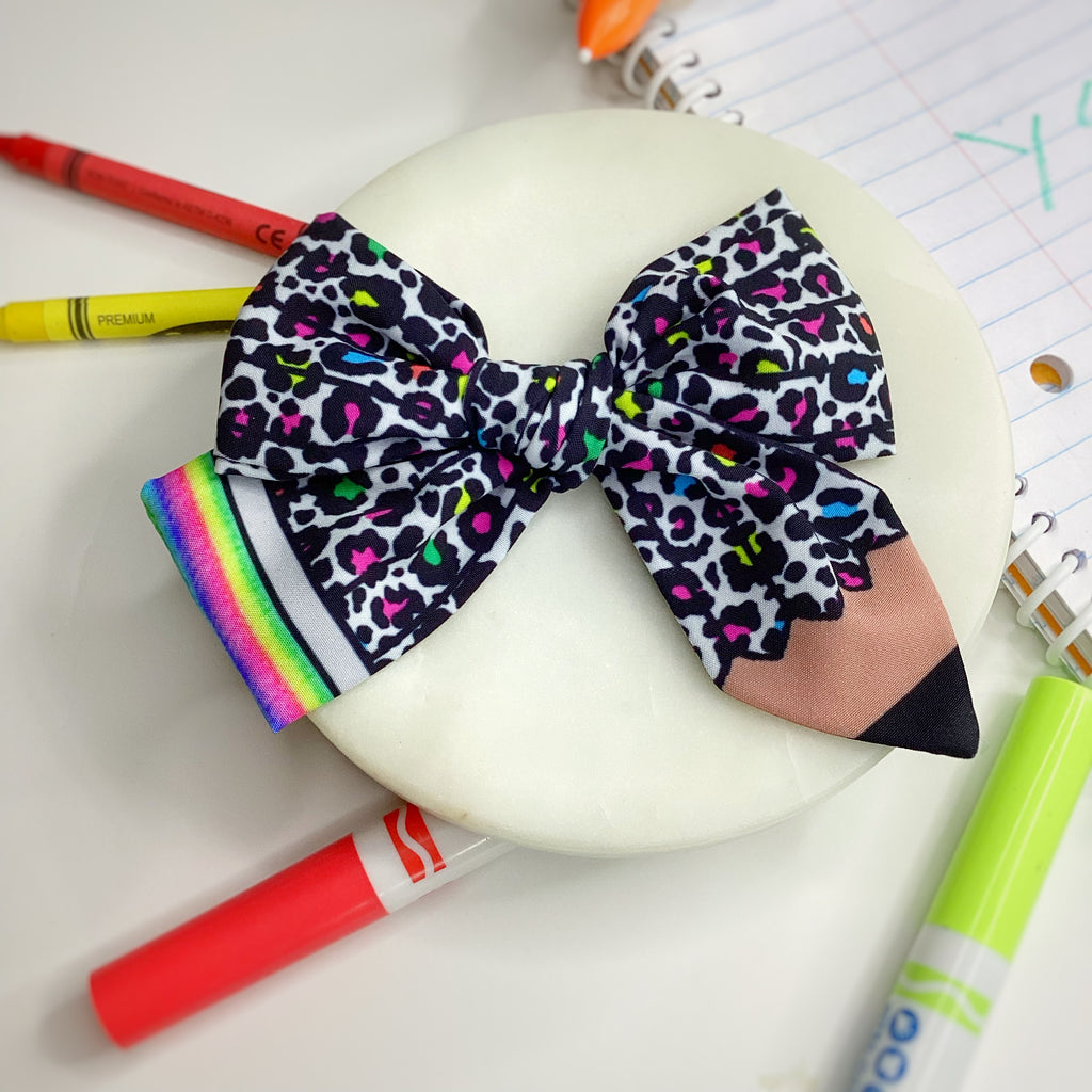 Rainbow Cheetah Pencil Bow Strip, Headband and Scrunchie Collection