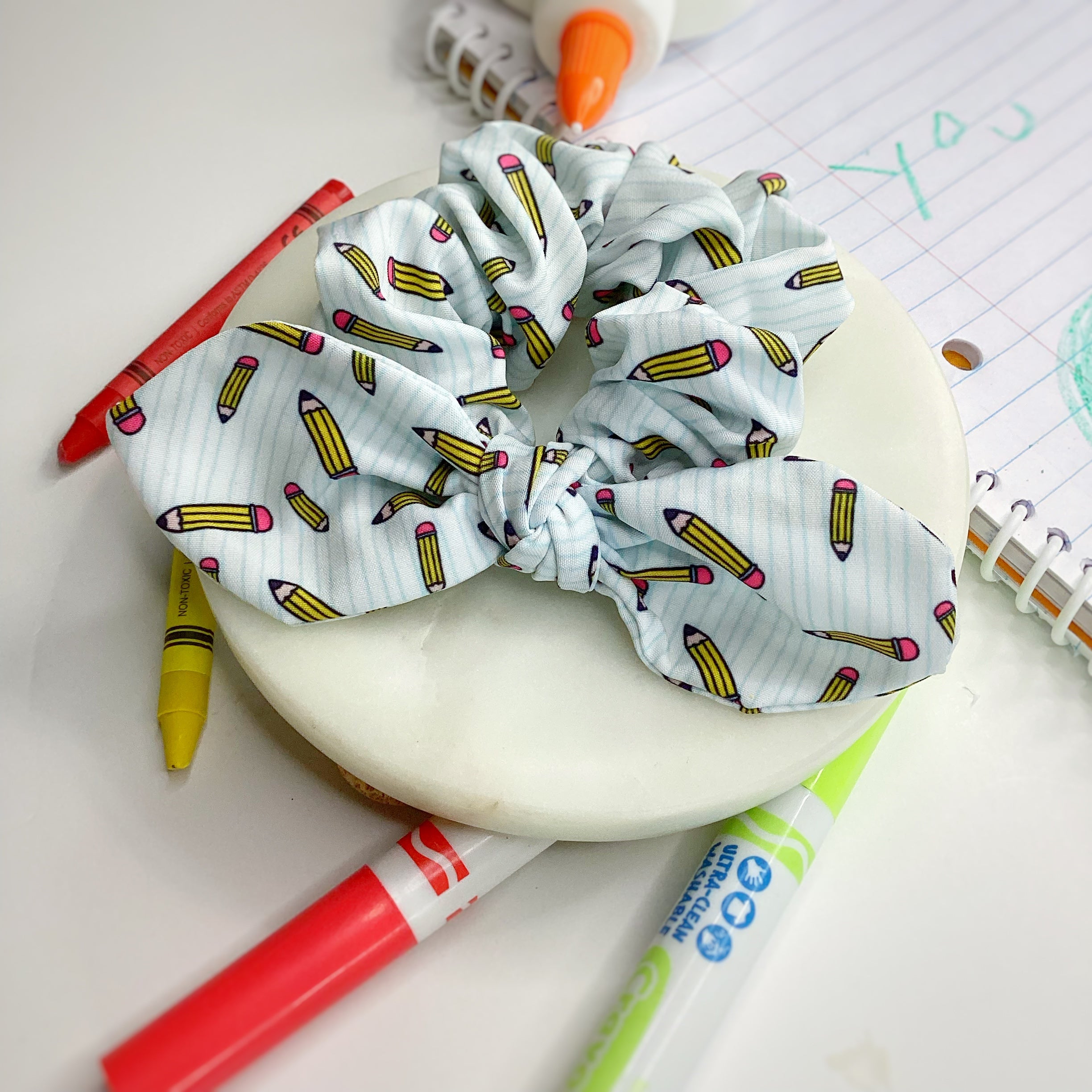 Pencils and Notebook Lines Bow Strip and Scrunchie Collection