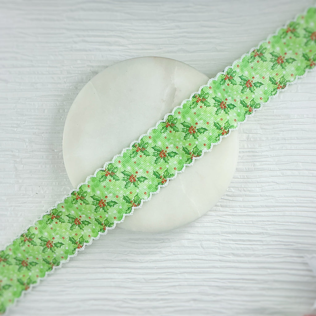 1.5” Watercolor Christmas Holly Moonstitch Ribbon by the Yard