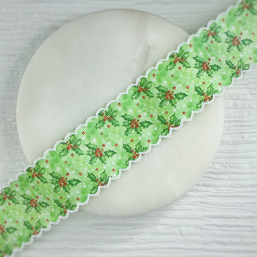 1.5” Watercolor Christmas Holly Moonstitch Ribbon by the Yard