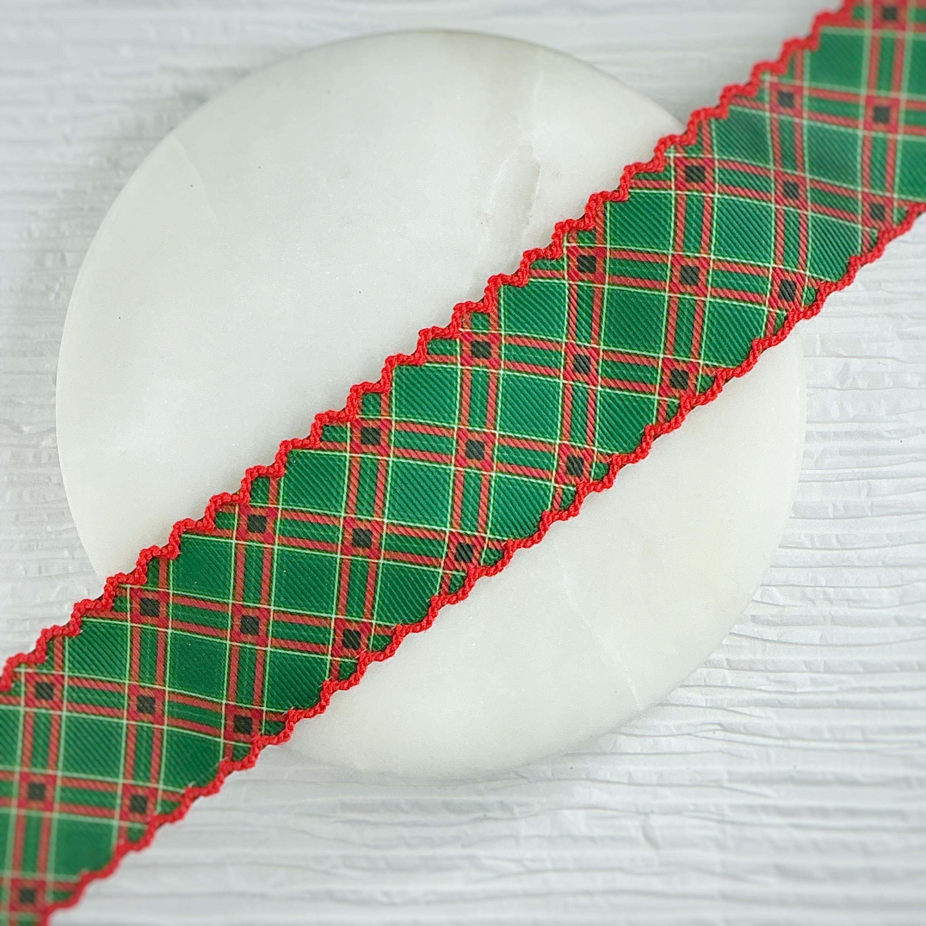 1.5” Green Christmas Plaid Moonstitch Ribbon by the Yard