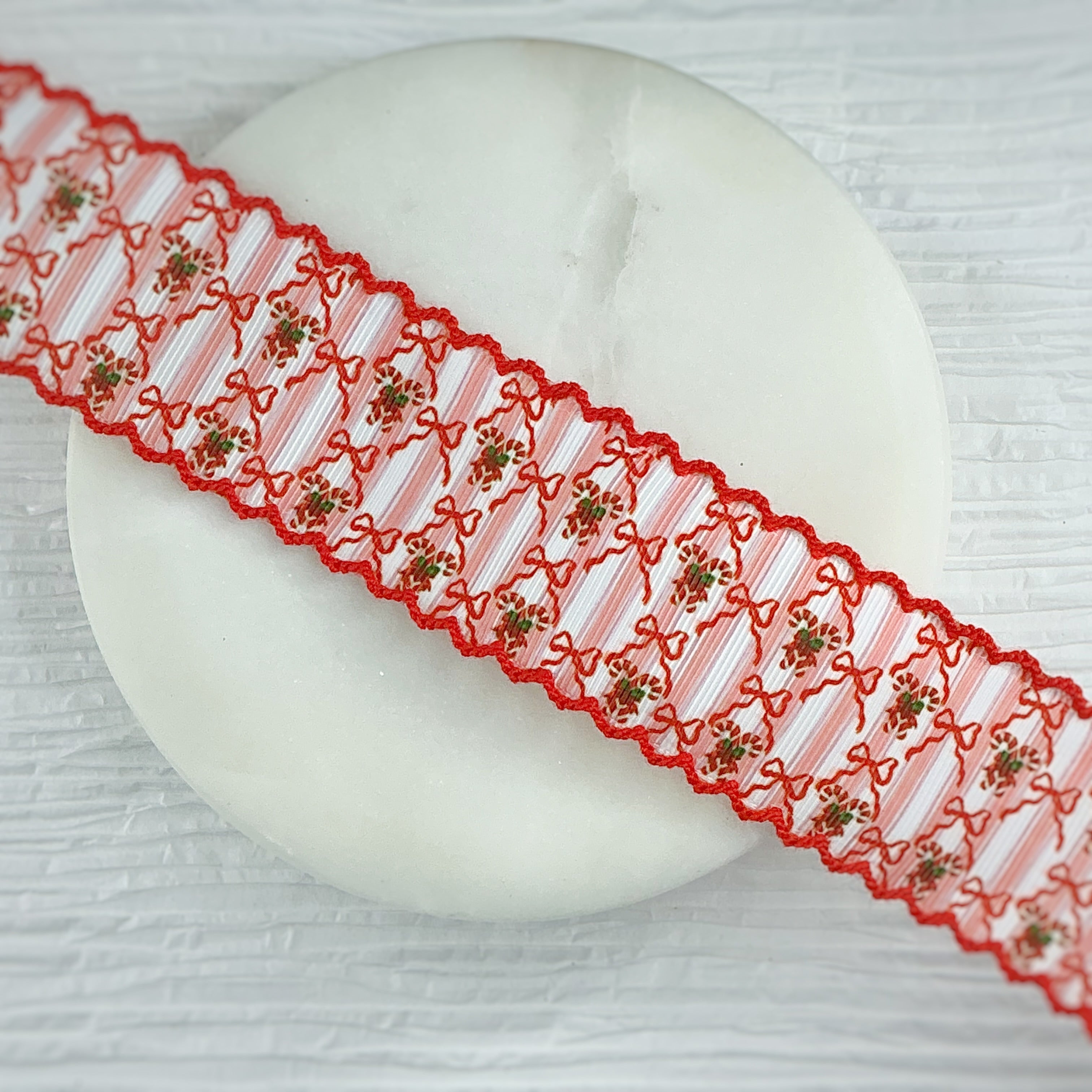 1.5” Trellis Coquette Candy Canes Moonstitch Ribbon by the Yard