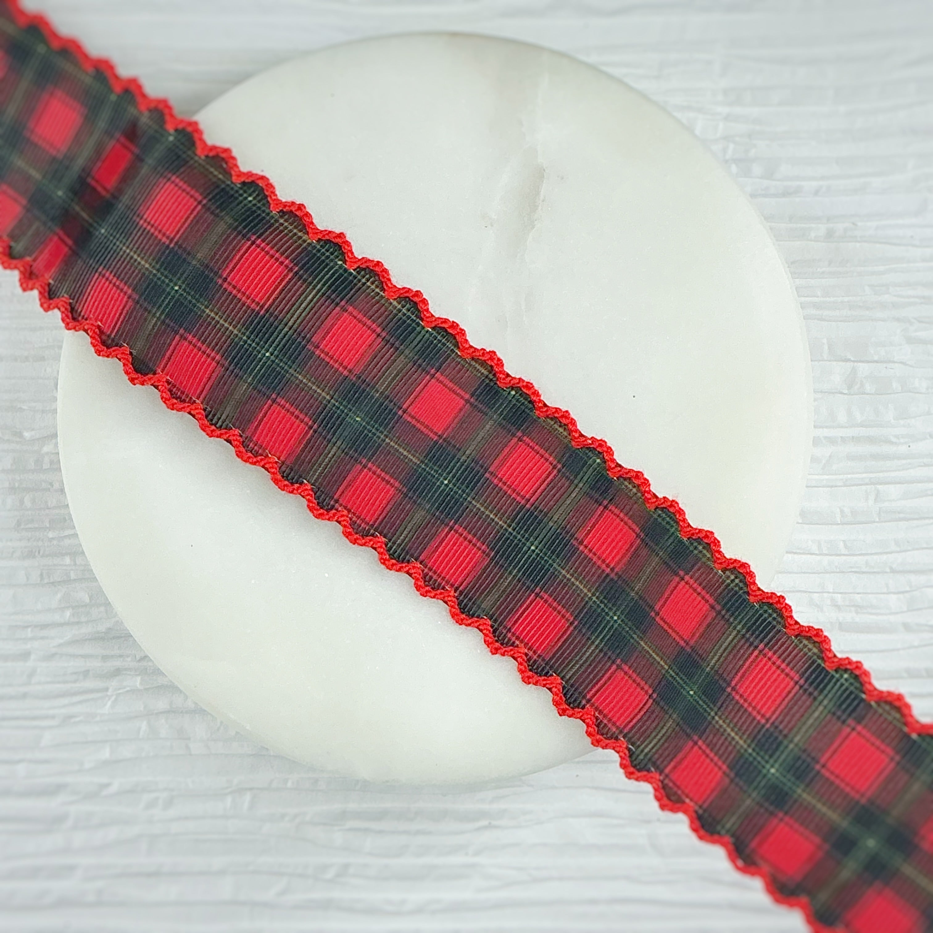 1.5” Red Christmas Plaid Moonstitch Ribbon by the Yard