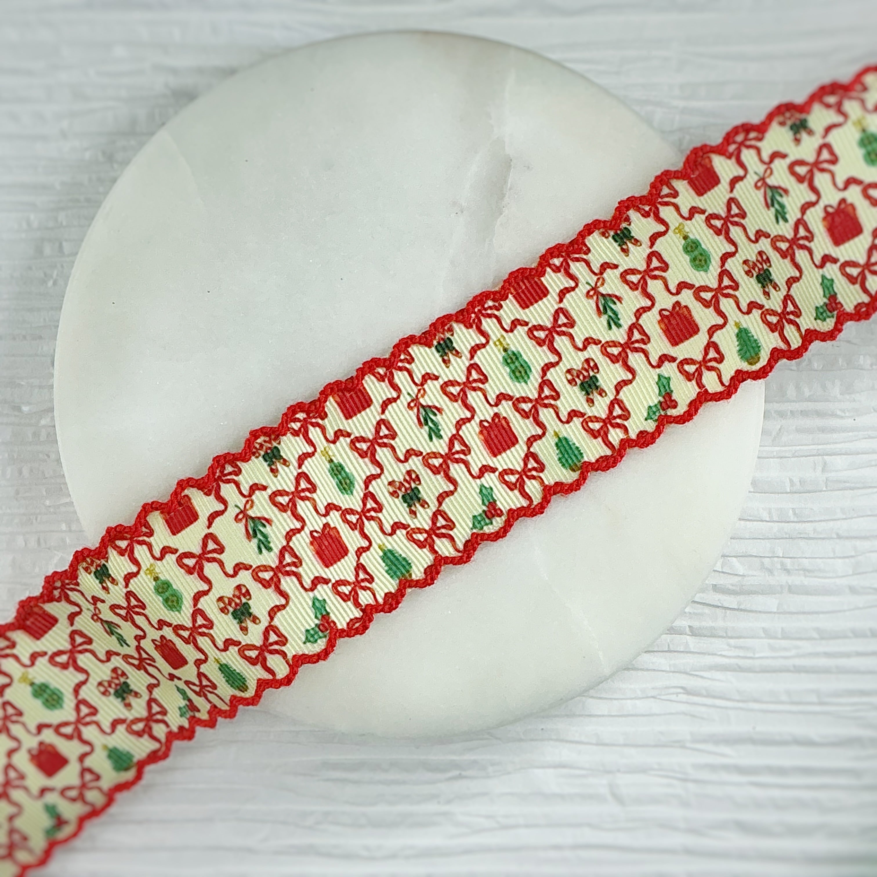 1.5” Red Christmas Moonstitch Ribbon by the Yard