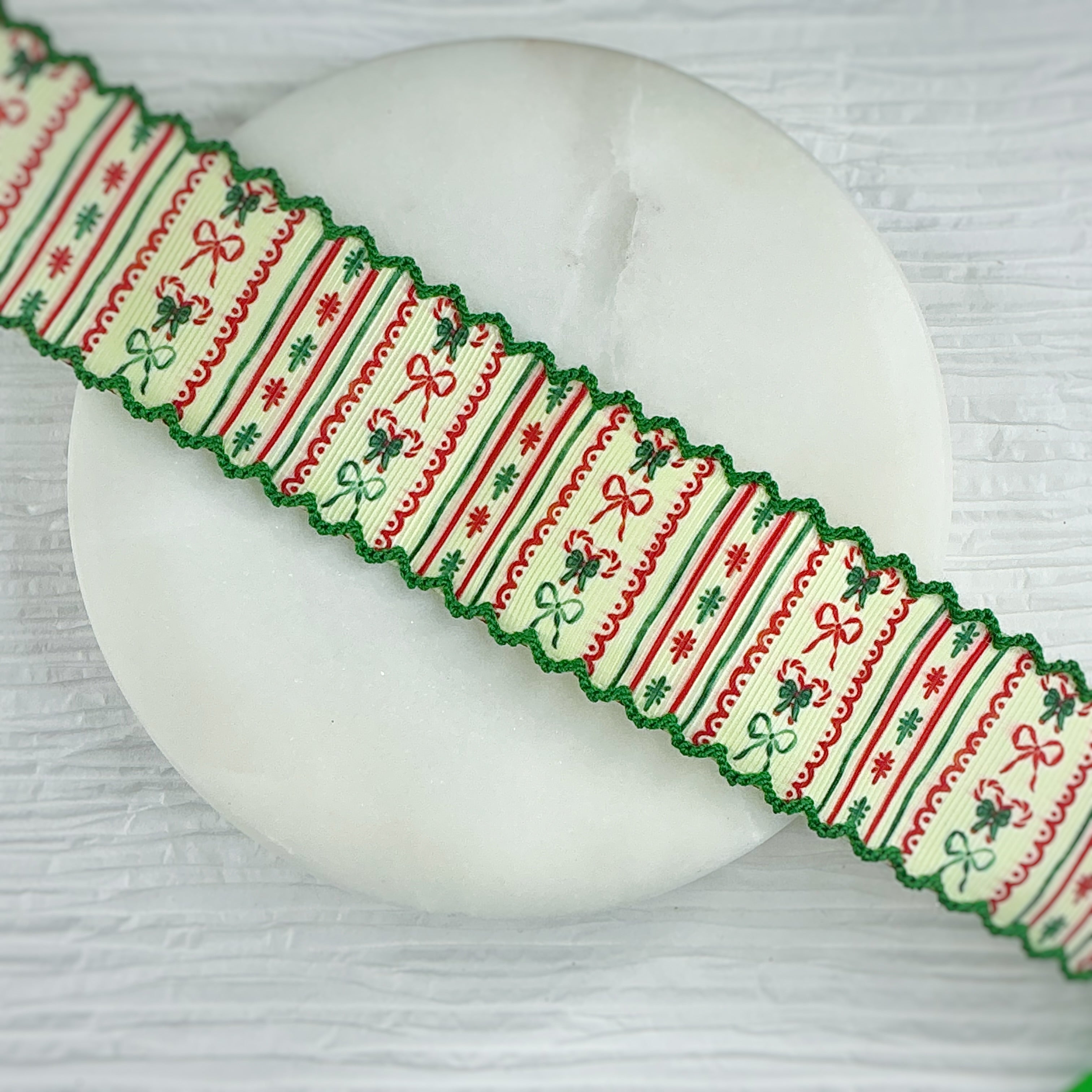 1.5” Green Christmas Moonstitch Ribbon by the Yard