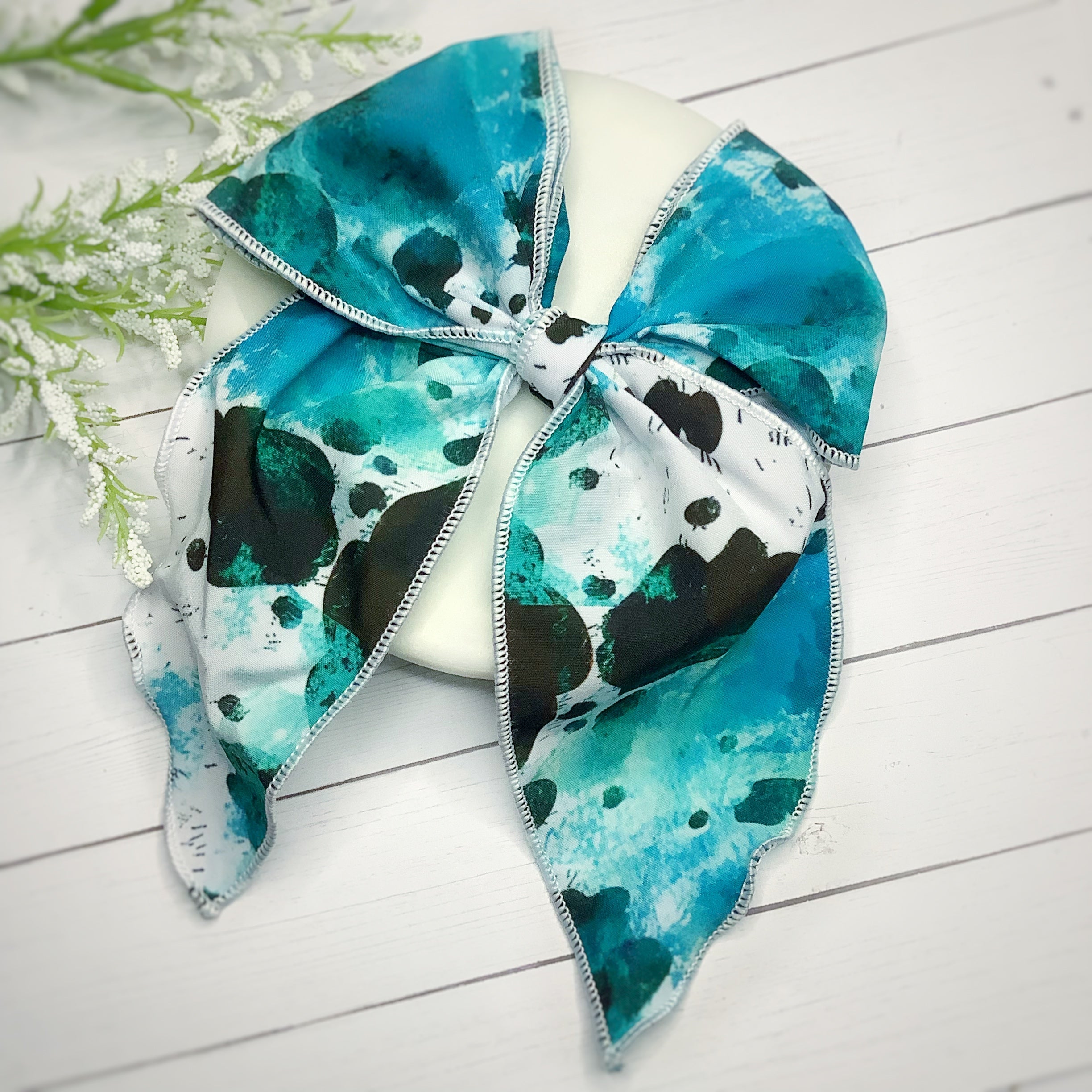 Turquoise Western Cow Print Bow Strip and Scrunchie Collection