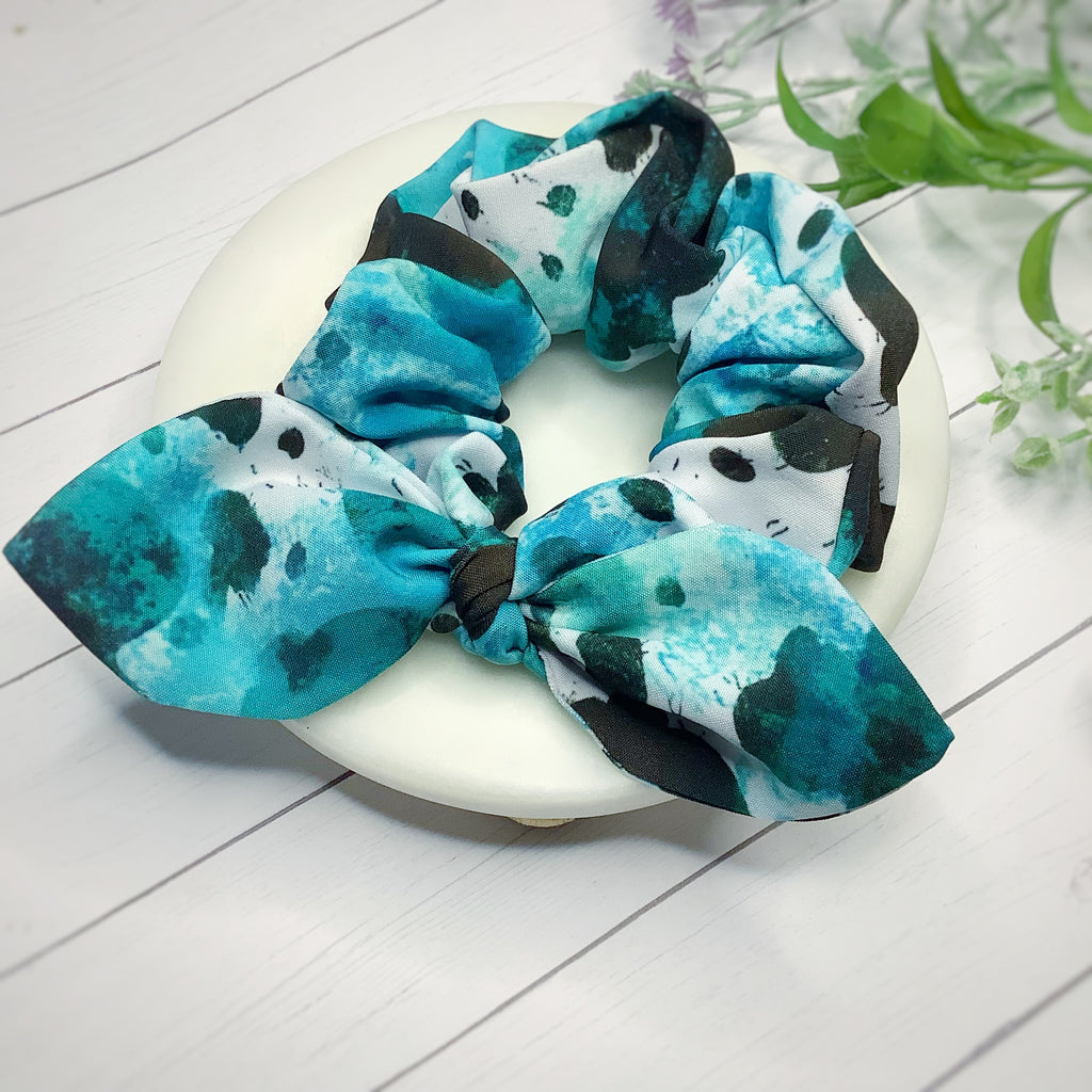 Turquoise Western Cow Print Bow Strip and Scrunchie Collection