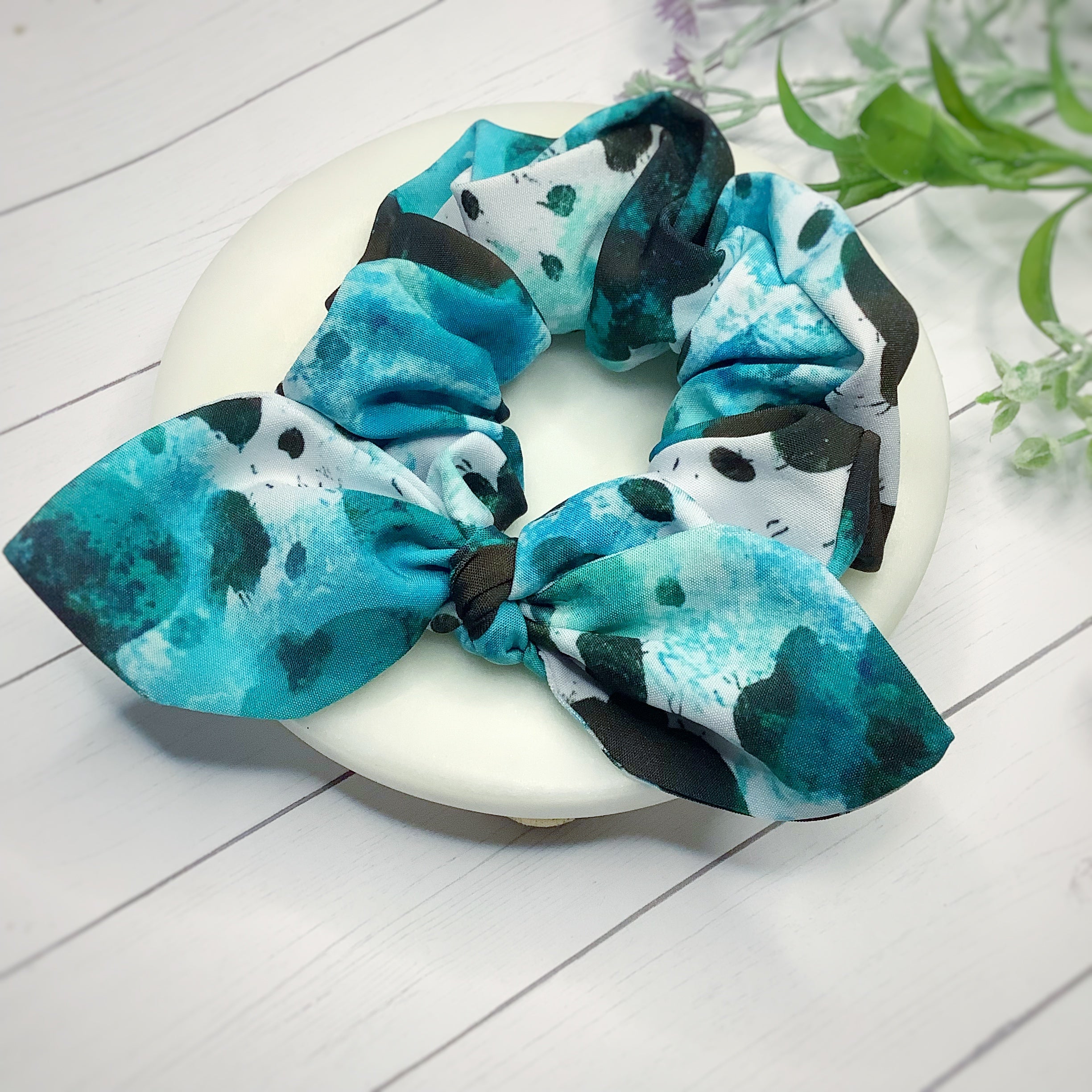 Turquoise Western Cow Print Bow Strip and Scrunchie Collection