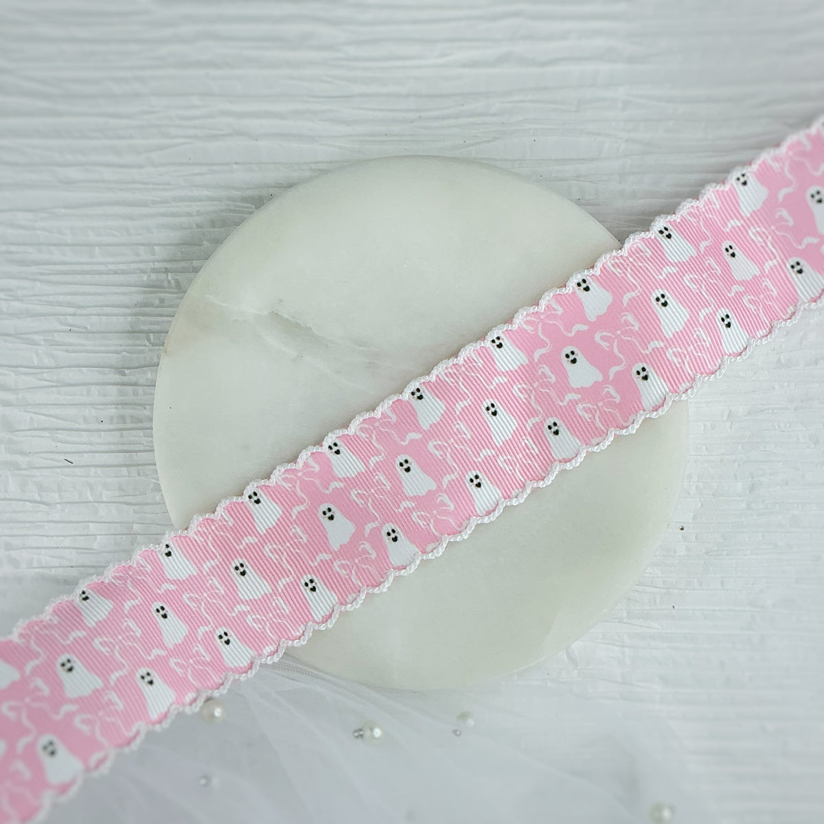 1.5” Pink Ghosts Moonstitch Ribbon by the Yard