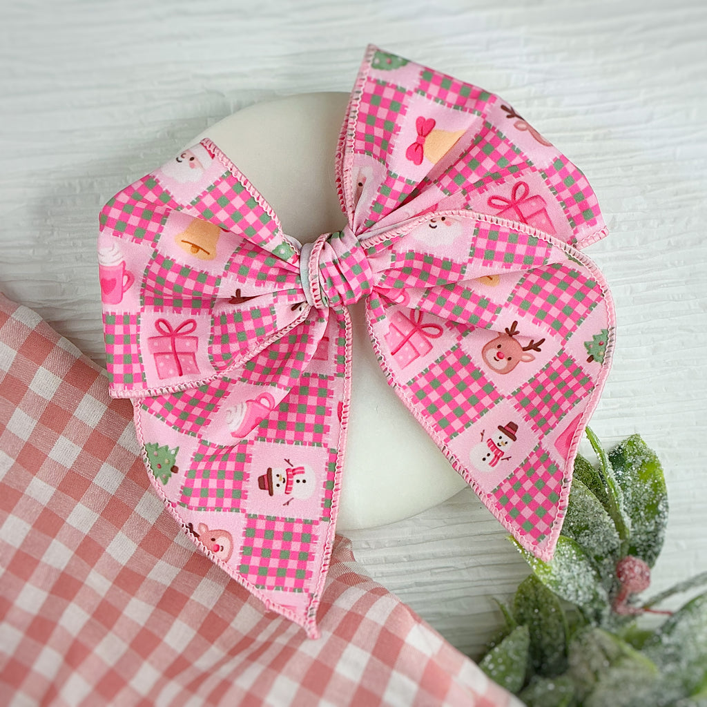Pink Quilted Christmas Pre-Tied Bow Strip and Scrunchie Collection
