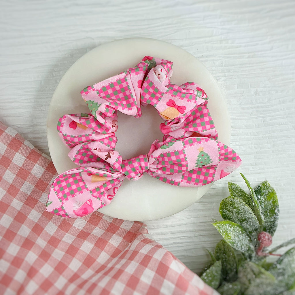 Pink Quilted Christmas Pre-Tied Bow Strip and Scrunchie Collection