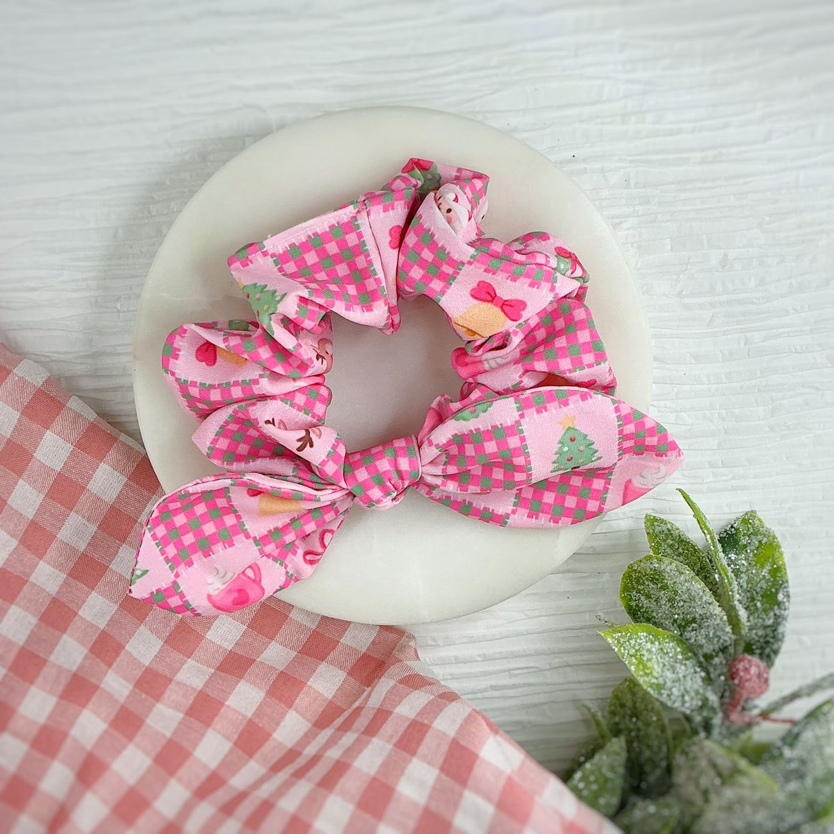 Pink Quilted Christmas Pre-Tied Bow Strip and Scrunchie Collection