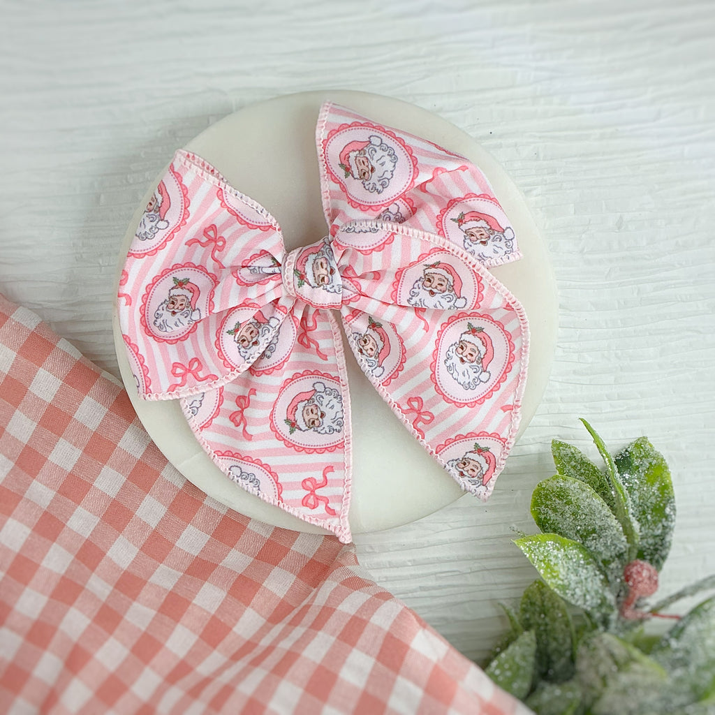 Pink Coquette Santa Stripes Pre-Tied Bow Strip and Scrunchie Collection