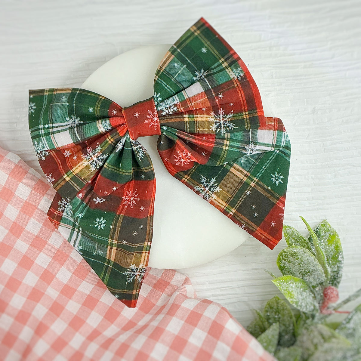 Snowflake Plaid Bow Strip, Finished Bow and Scrunchie Collection