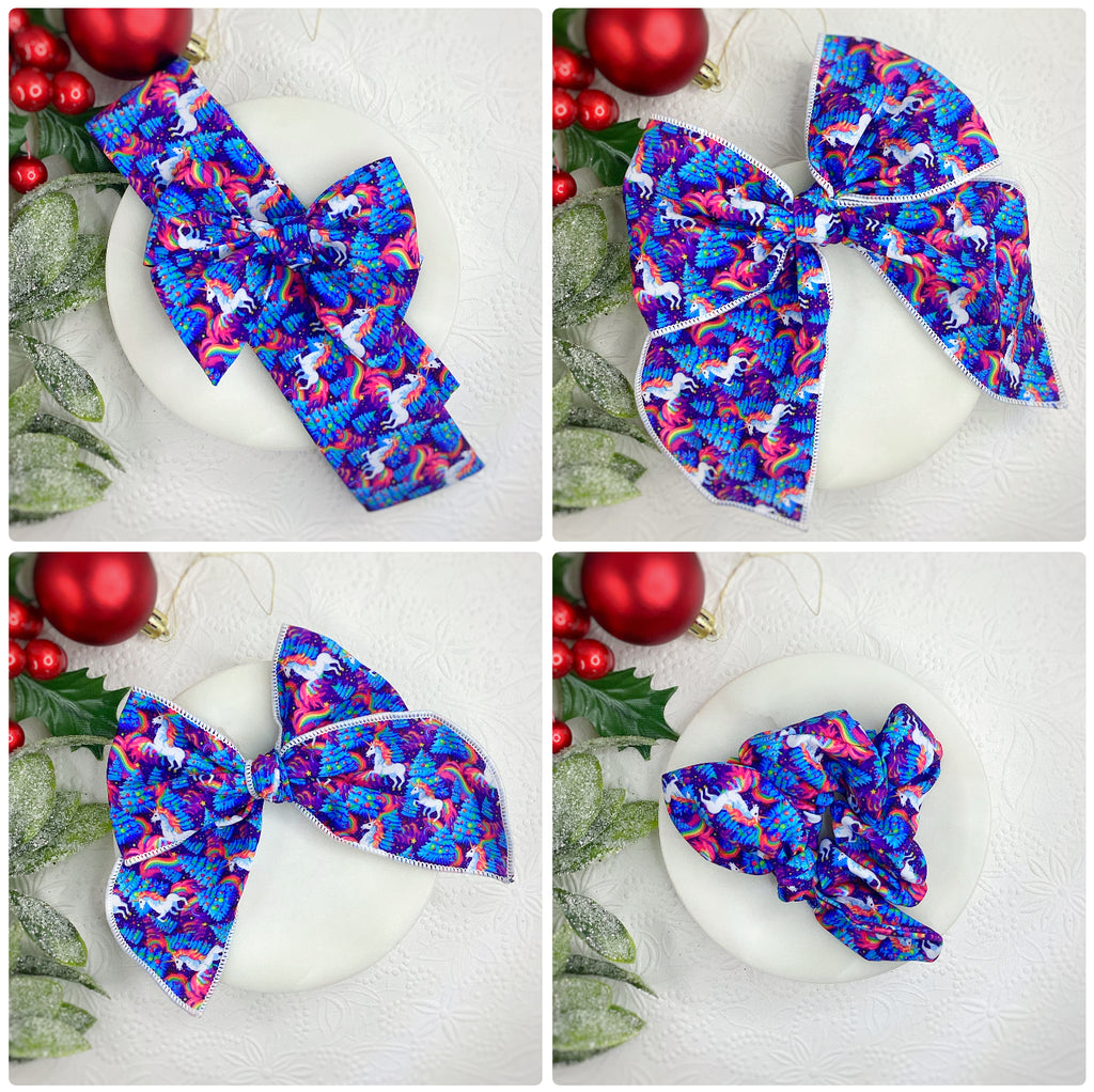 Christmas Rainbow Unicorns Bow Strip and Scrunchie Collection