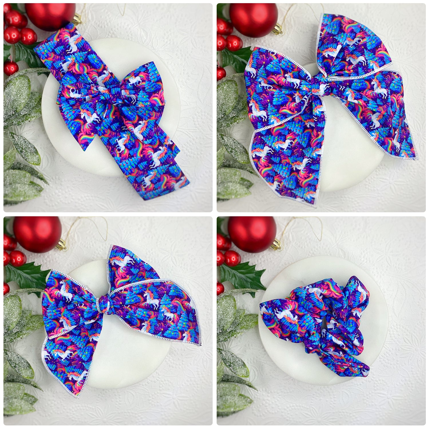 Christmas Rainbow Unicorns Bow Strip and Scrunchie Collection